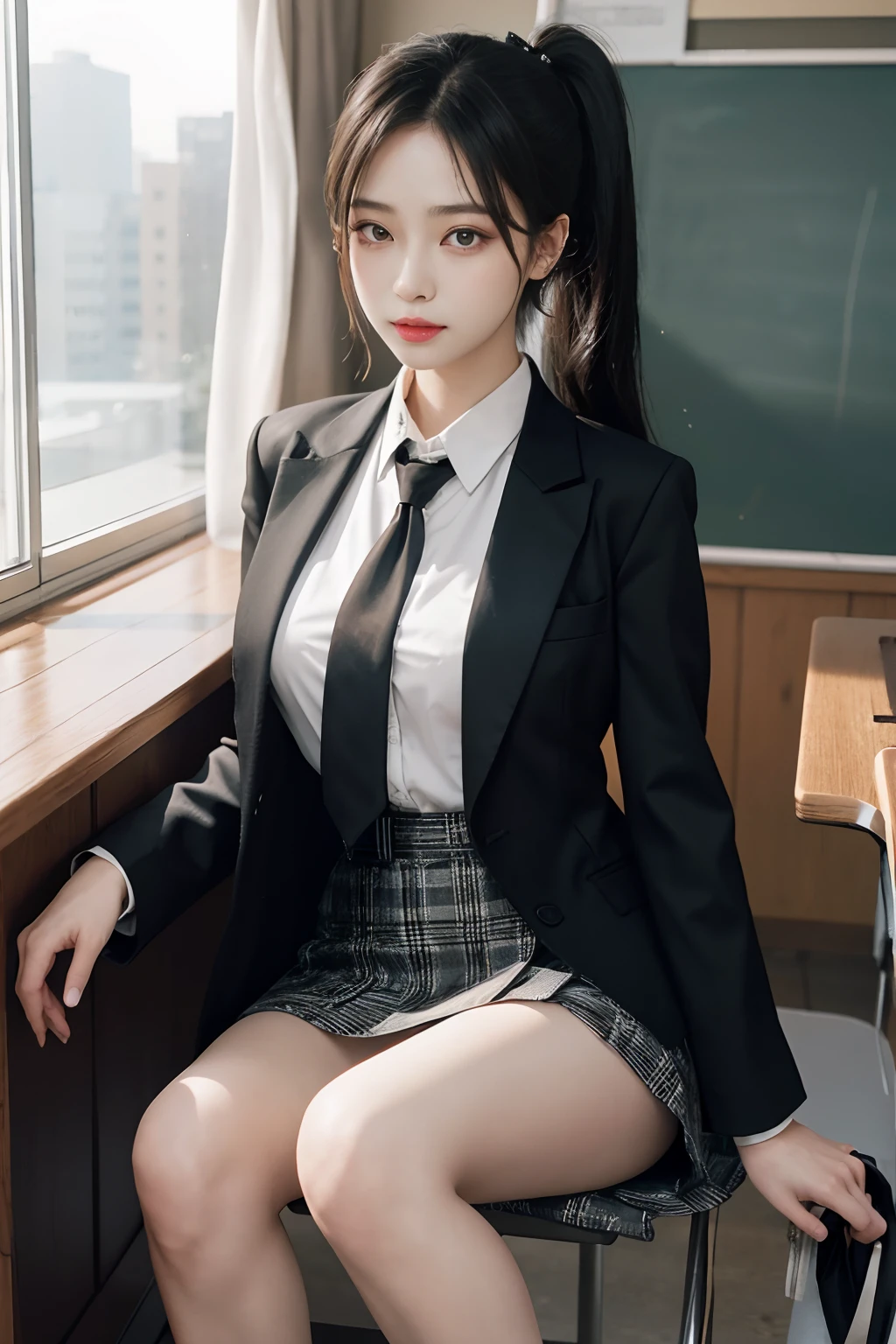 8K RAW photo, high resolution, 21 year old cool Korean, big round breasts, school uniform, tie, tie ribbon, blazer, skirt, beautiful eyes in detail, long eyelashes, beautiful double eyelids, eye shadow, slit eyes, sanpaku eyes, dark eye makeup, evil smile, beautiful thin legs, short hair gathered at the back, earrings, school classroom