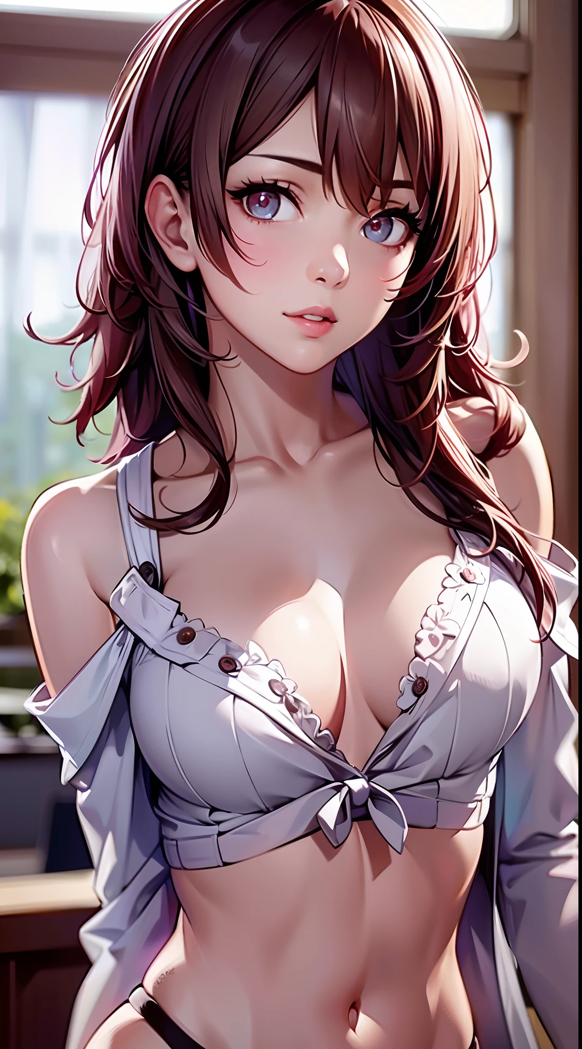 (8k, RAW photo, best quality, masterpiece:1.2), yjnn, 1girl, 2d anime, asian, bangs, bare_shoulders, bow, bra, breasts, brown_eyes, brown_hair, cleavage, lips, long_hair, long_sleeves, looking_at_viewer, medium_breasts, navel, nose, off_shoulder, open_clothes, open_shirt, panties, realistic, shirt, solo, stomach, underwear, undressing, upper_body, white_panties, japanese school uniform, Shiny skin, beautiful delicate face, beautiful delicate eyes ,(realistic, photo realistic:1), hand touches bra