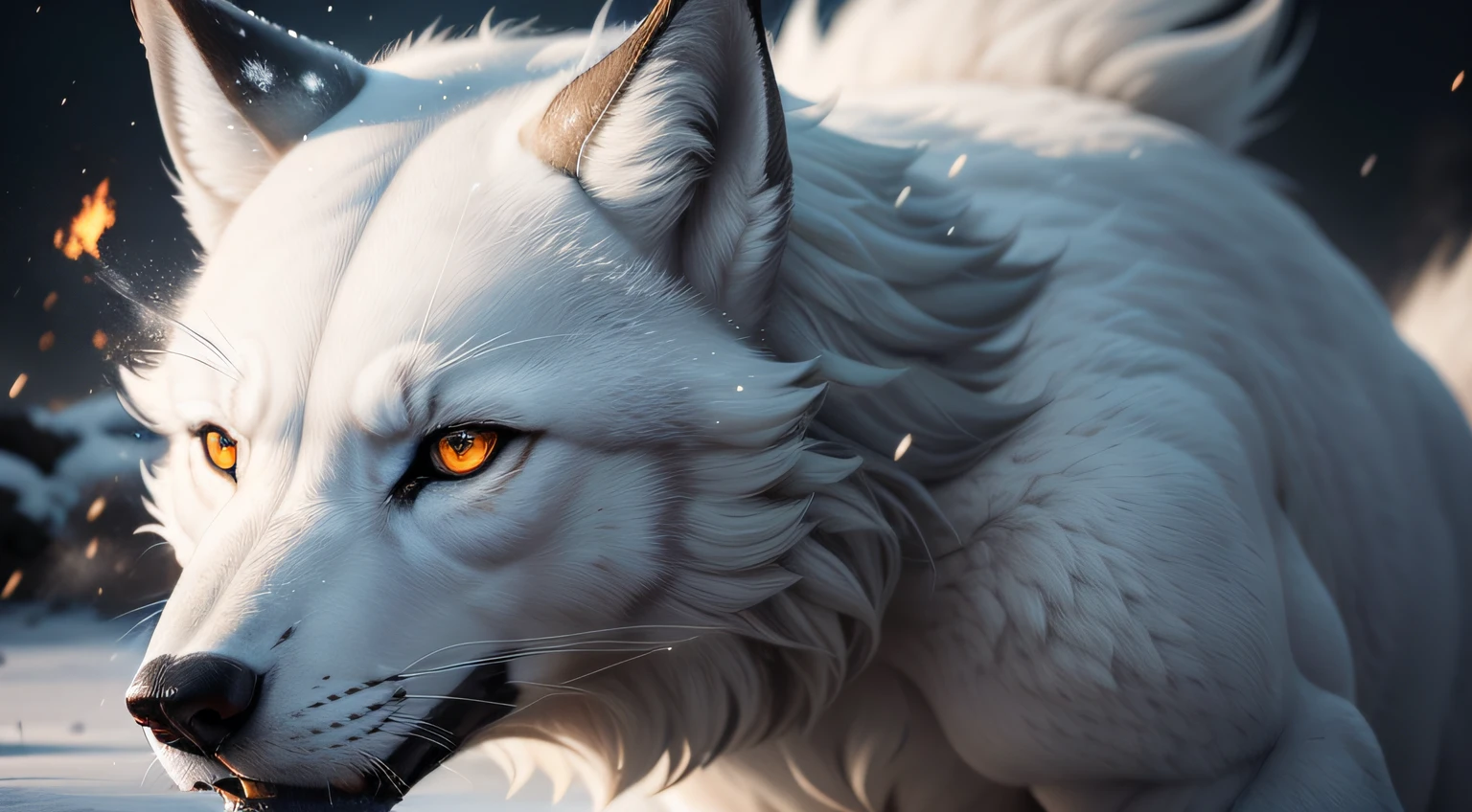 Crie um lobo branco com olhos de fogo HD detalhes imagem ultra realista de um lobo branco com olhos de fogo com fundo de neve,