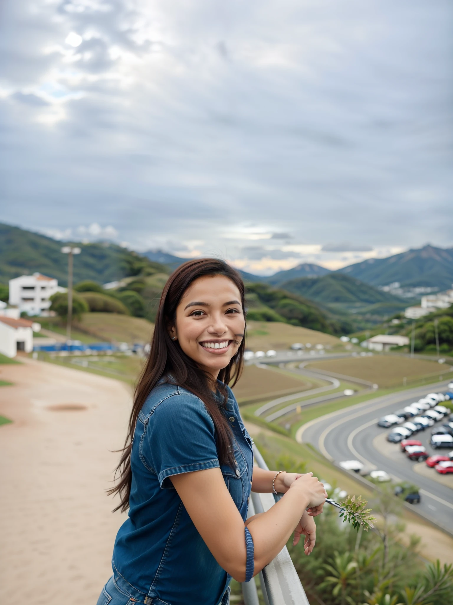 Smiling woman standing on a railing overlooking a parking lot, com montanhas ao fundo, com montanhas no fundo, Colinas ao fundo, Nivanh Chanthara, com um parque ao fundo, com montanhas como pano de fundo, Moutain no fundo, com a terra ao fundo, Parque em segundo plano, sorriso orgulhoso, em frente a uma montanha