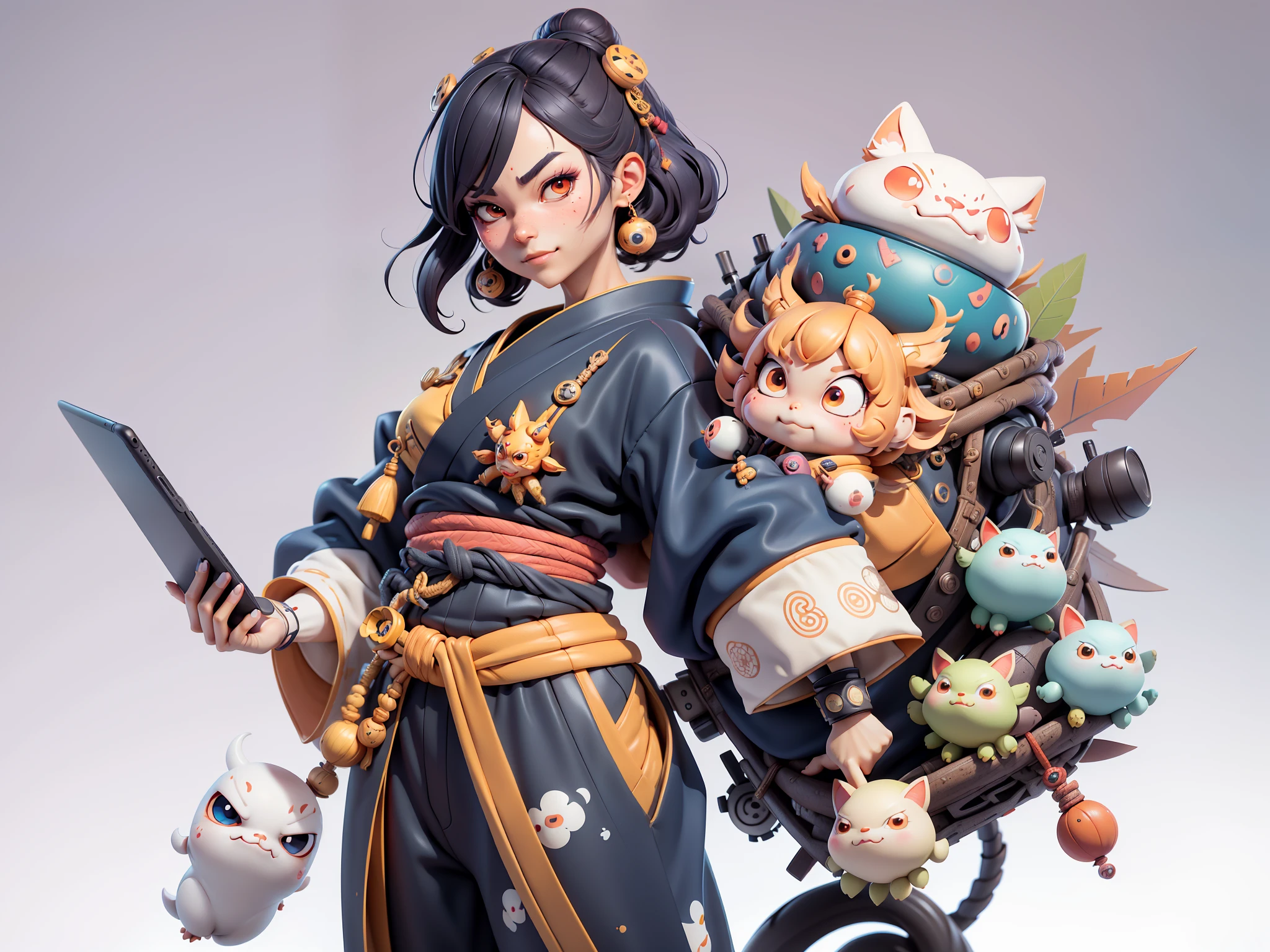 (Daisaku),(Need),(Super meticulous),(full bodyesbian:1.2),Japanese ukiyo-e girl，japanese geisha，Beautiful，Oriental dragon，Aeolian Thor，Raised sexy，爆乳，Oriental face，TV Anchor，Bust portrait illustration，Alone，In black suit，a blue tie，The face is slightly chubby，The face was clean，without a beard，Black super short hair，Black eyes，Smile confidently，3C computer sub-products，iPad， iphone，Digital painting，3D character design by Mark Clairen and Pixar and Hayao Miyazaki and Akira Toriyama，The illustration is a high-definition illustration in 4K resolution，With very detailed facial features and cartoon-style visuals。