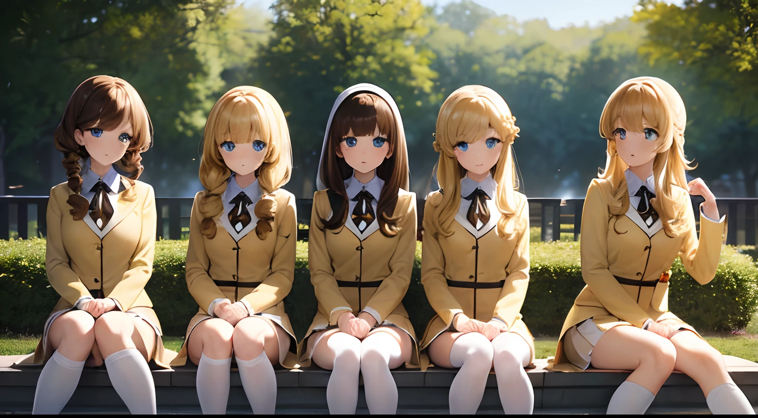 ((masterpiece, best quality, 8k, highres:1.1)), yellow school uniform, highleg, hazel eyes, yellow blazer, medium breasts, yellow pencil skirt, white thighhighs, white thighhigh socks, black high heels, (brown hair, blonde hair, curly hair, long hair, brown haired sisters, blonde sisters), (10+girls, family picture, identical sisters, clones), ((matching hairstyles, matching faces, same eye color, matching outfits))
