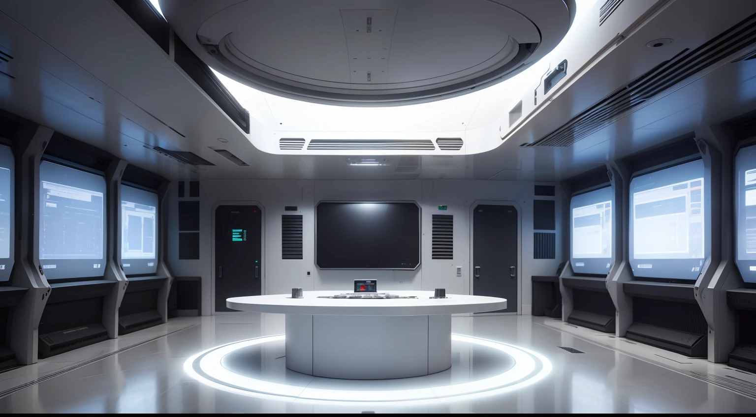 A white long table in the centre of a modern robot experiment room, with highly technical equipments, sophisticated, cyberpunk, highly detailed, 8k, futuristic