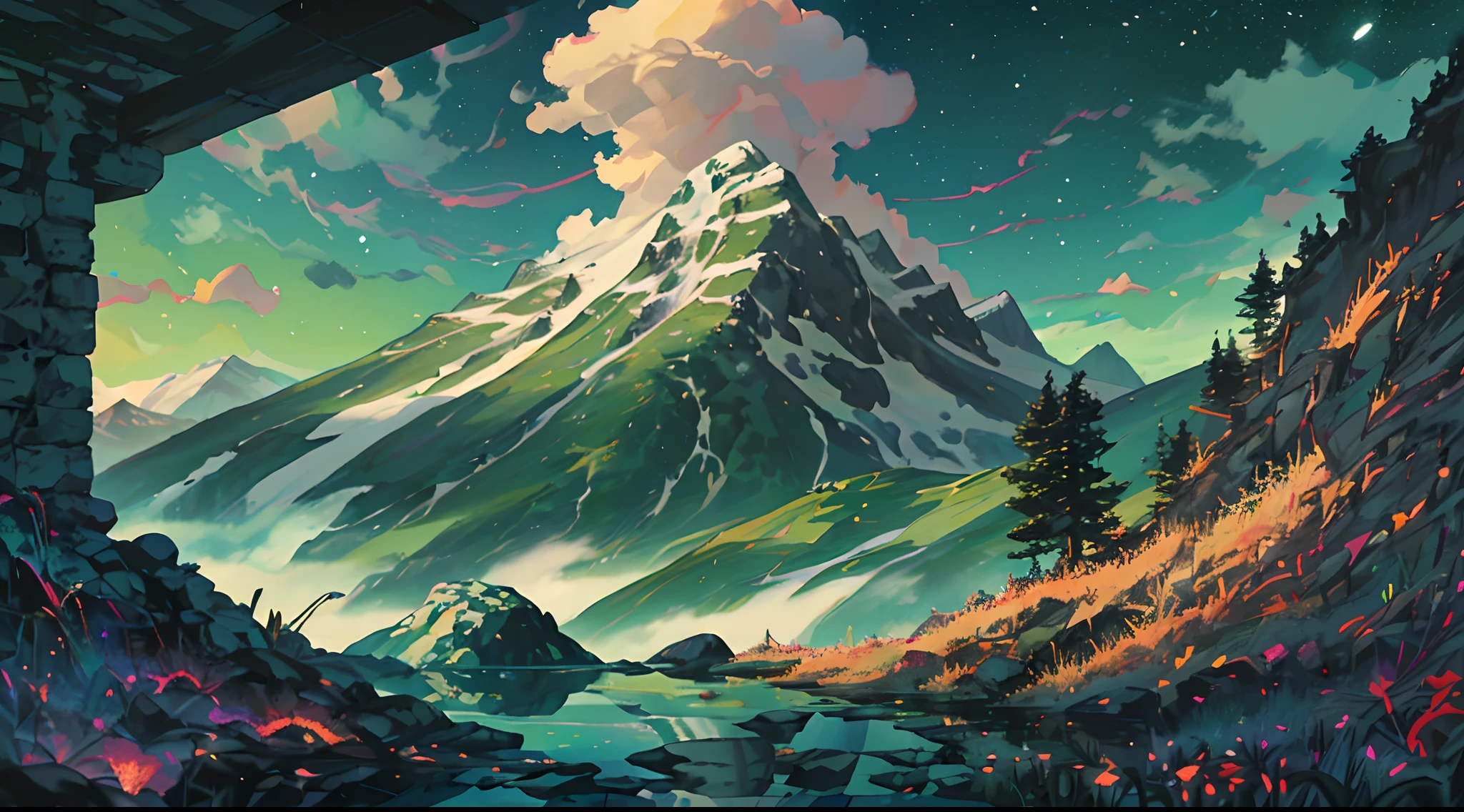 stunning natural phenomenon in the night sky. The green aurora borealis is visible, with its vibrant colors illuminating the dark sky and reflecting off of the body of water below. In the foreground, a mountain can be seen covered in snow, adding to the beauty of this scene. Further away from shore, there are more mountains that appear blurry due to their distance from us. A person can also be seen lying on the ground near these mountains, likely taking in this incredible sight for themselves, (illustration: 1.0), epic composition, realistic lighting, HD details, masterpiece, best quality, (very detailed CG unified 8k wallpaper)