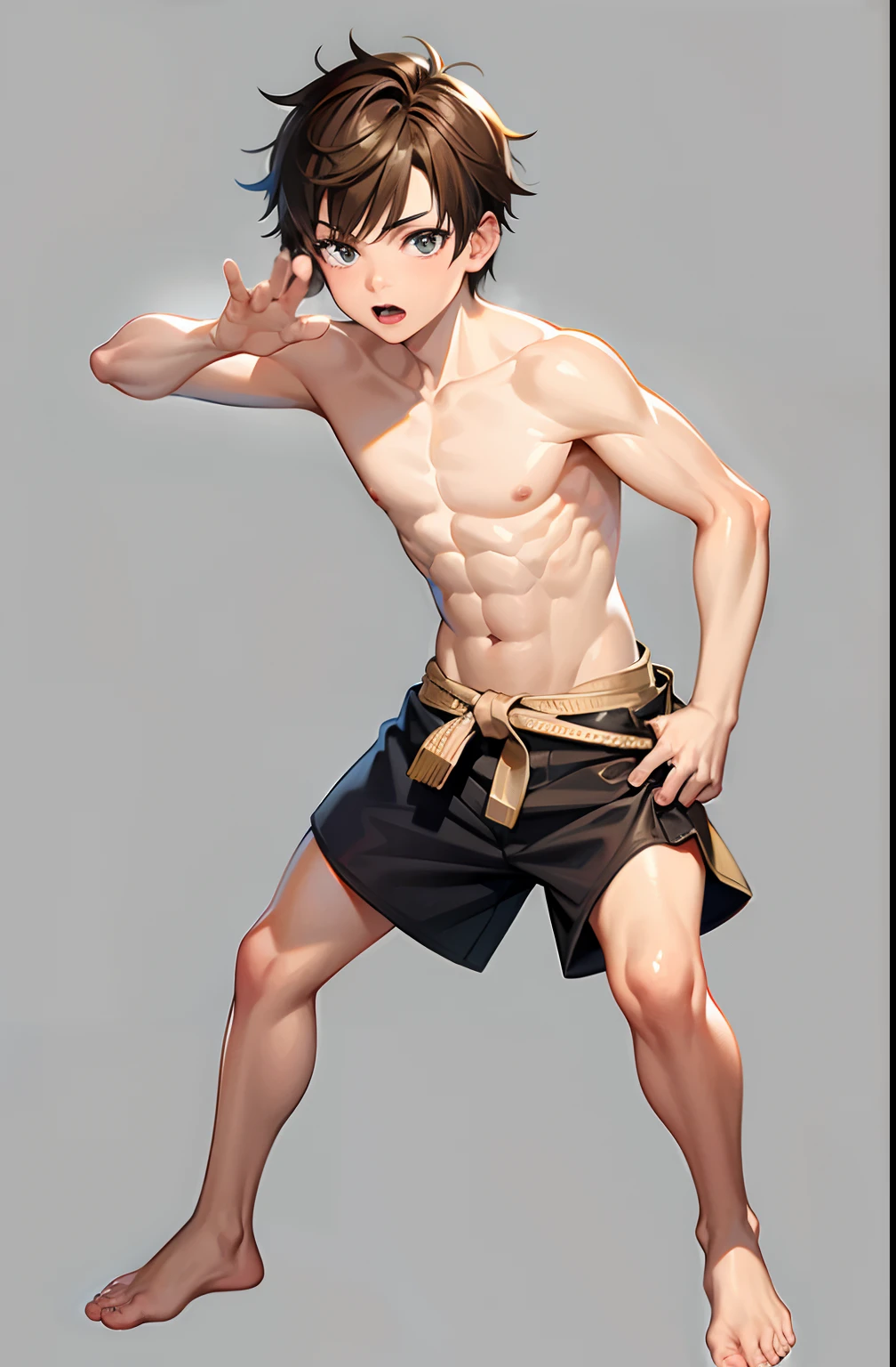 masterpiece, best quality, high quality,  1boy,, male focus, full body, looking at viewer, brown hair,spiky hairstyle, short hair, steam smork, japan style,  anime coloring, shy, home muji style, detailed face, topless, white towel on waist, pose boxing fighter