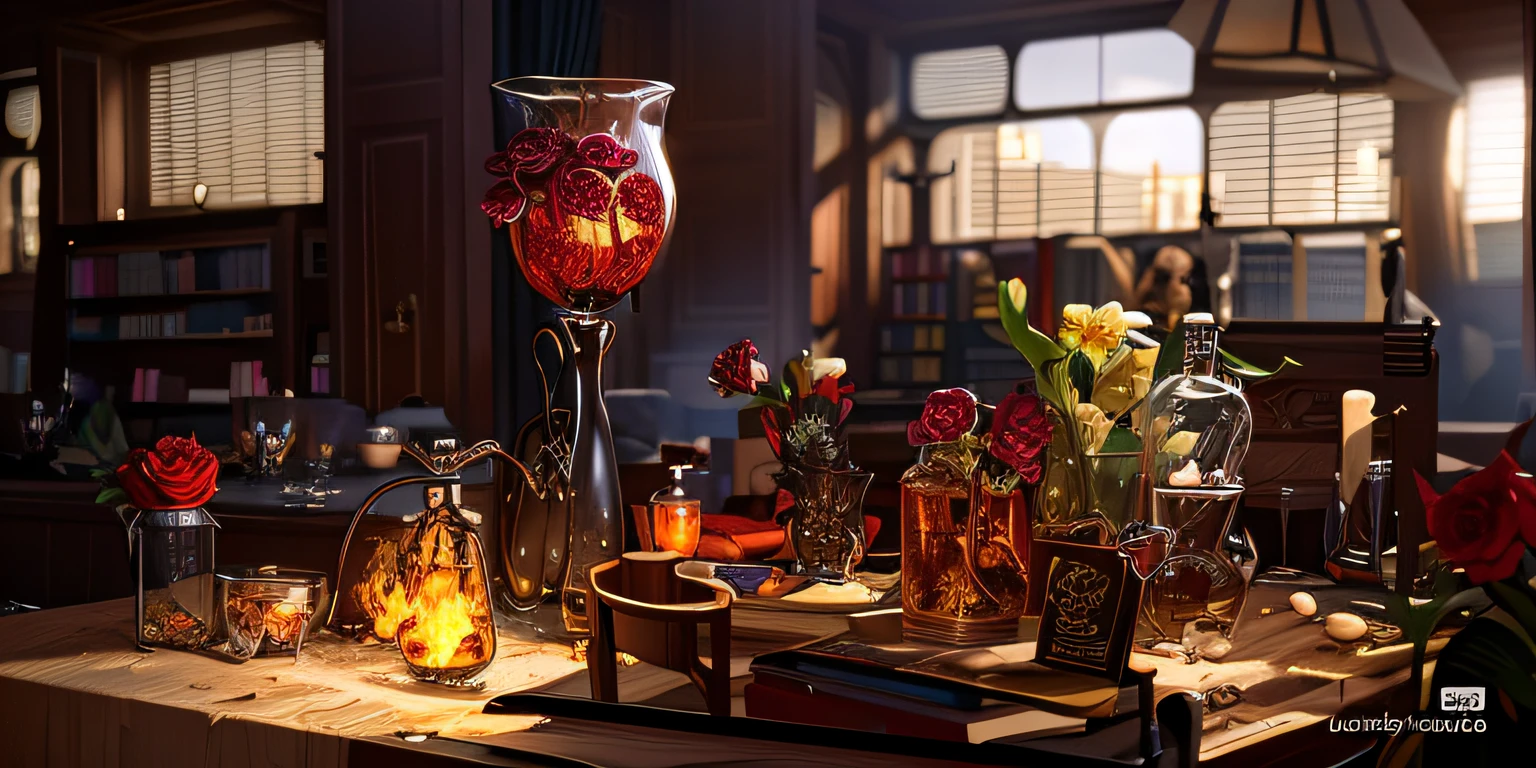 There are many vases on the table,There are red flowers inside, detailed cinematic rendering, render in unreal engine 5, Houdini VFX, cinematic render unreal engine, photorealistic cinematic render, greg rutkovsky. rendering by octane, photorealistic dark concept art, full of glass. CGSesociety, she is in the potions workshop, Render in Unreal Engine 5