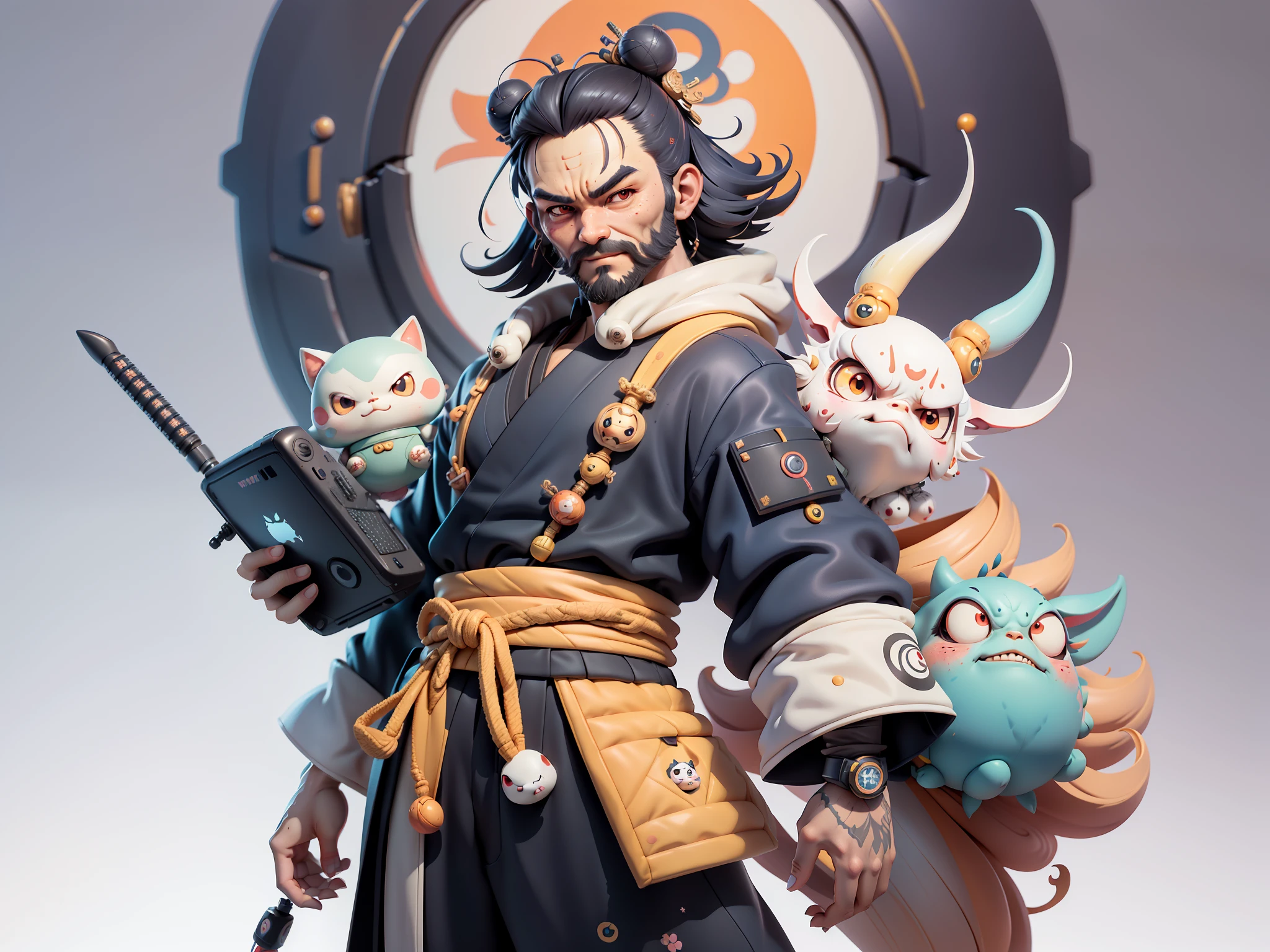 (Daisaku),(Need),(Super meticulous),(full bodyesbian:1.2),Japanese ukiyo-e girl，japanese geisha，Beautiful，Oriental dragon，Aeolian Thor，Raised sexy，爆乳，Oriental face，TV Anchor，Bust portrait illustration，Alone，In black suit，a blue tie，The face is slightly chubby，The face was clean，without a beard，Black super short hair，Black eyes，Smile confidently，3C computer sub-products，iPad， iphone，Digital painting，3D character design by Mark Clairen and Pixar and Hayao Miyazaki and Akira Toriyama，The illustration is a high-definition illustration in 4K resolution，With very detailed facial features and cartoon-style visuals。