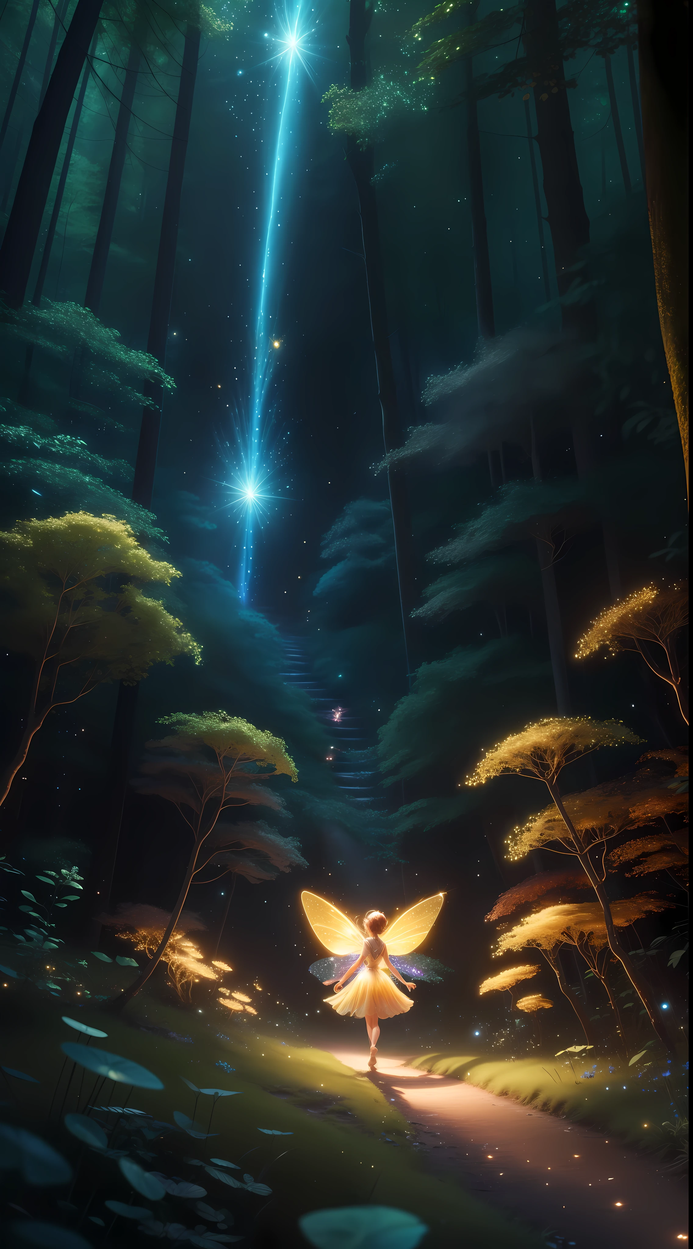 A mesmerizing UHD 8K realistic 3D render of a tiny fairy surrounded by a breathtaking forest filled with swirling, vibrant rainbow fireflies. The fairy's fingertips emit a soft, enchanting light, creating a magical atmosphere as the fireflies gracefully fly around, casting their golden glow. Truly a stunning spectacle of nature's beauty!