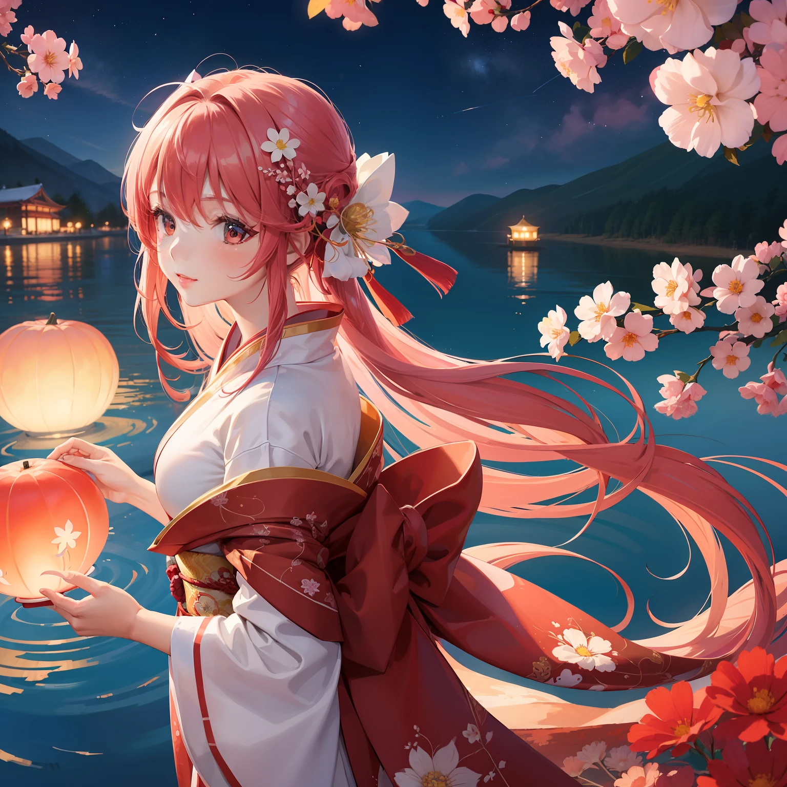 (Beautifully Aesthetic:1.2)、(1girl in:1.3)、(Red and white colorful hair:1.2)、Wearing a colorful kimono in white and pink、cosmos、Cosmos flowers are blooming、Autumn twilight、lake、Fantastic space、Sunset、
