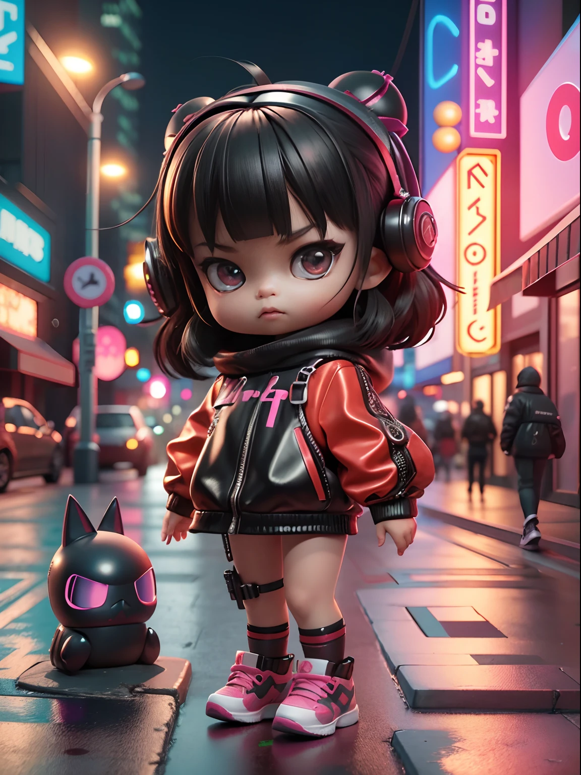 3d toy, 3d rendering, ip, cyberpunk style, chibi, cute  girl, wearing black mask, simple background, best quality, c4d, blender, 3D MODEL, TOYS, VIVID COLORS, STREET STYLE, HIGH RESOLUTION, A LOT OF DETAILS, PIXAR, CANDY COLORS, BIG SHOES, FASHION TRENDS, ART