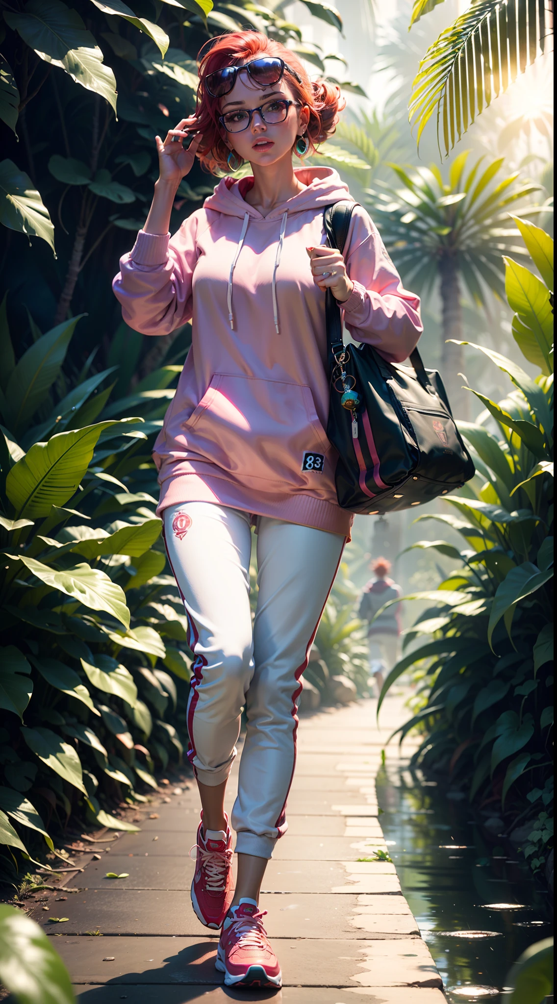 "Ultra-realistic 8k 3D rendering showcasing a vibrant multicolored bottle, glass, and water product design, featuring dynamic and magnificent splashes harmoniously merging with a stunning jungle background. One girl." Doing advert. White hoodie Sweatshirt , Pink joggers red sun glasses red hair pink rugged pink shoes long red earrings, red nose ring, multicolor bag."