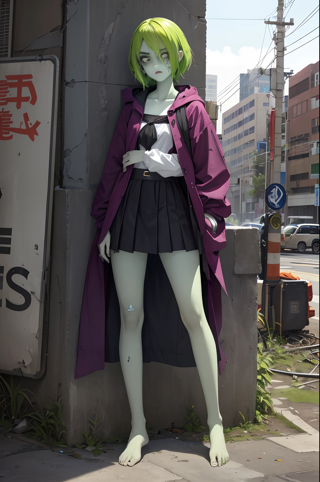 Very fine diffusion model：(1girll)，mystical figure，Indifferent expression，Zombie-like appearance，Vivid and unique green skin，short  skirt，The barefoot，Emphasize the lower body，Student clothing，cold shades，Clothes are damaged，Scratches on the face，Modern style，In a ruined city。