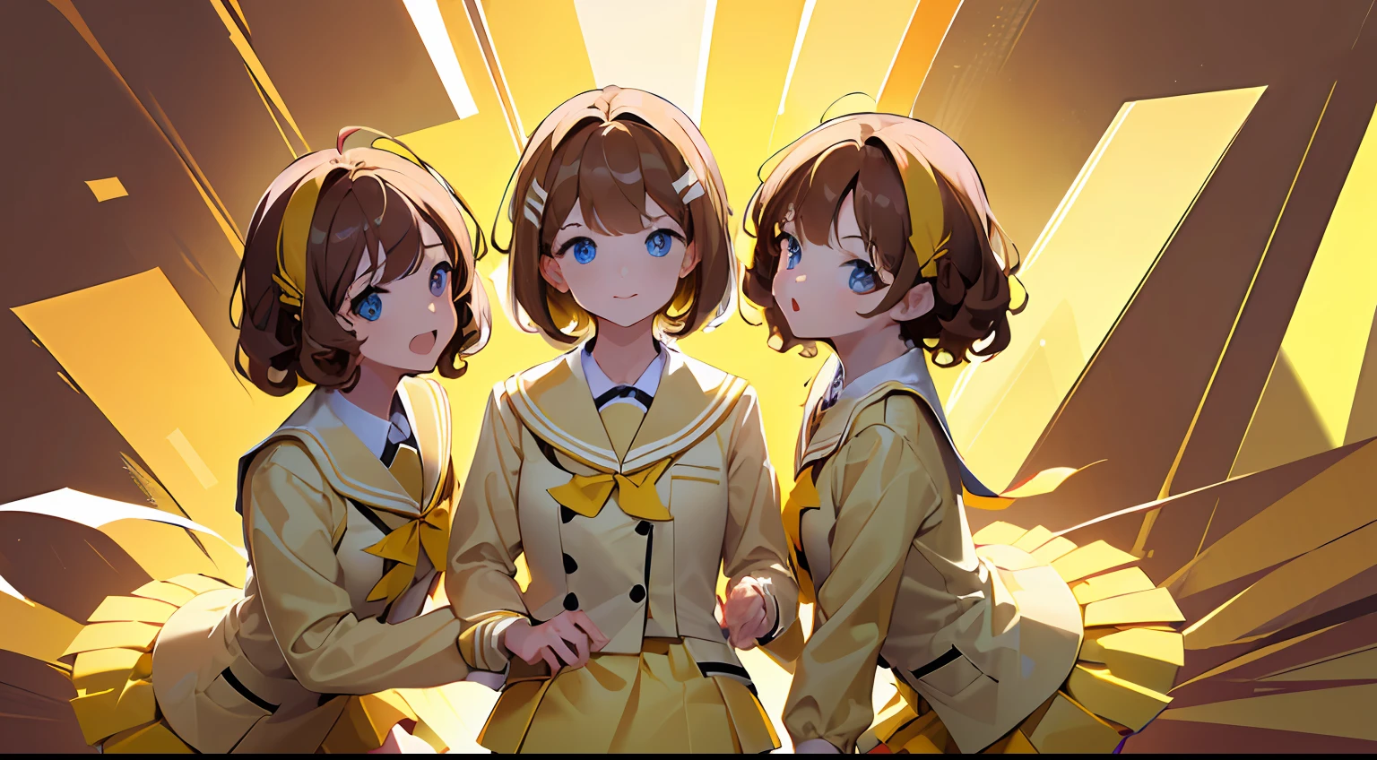 ((masterpiece, best quality, 8k, highres:1.1)), yellow school uniform, highleg, hazel eyes, yellow blazer, medium breasts, yellow pencil skirt, white thighhighs, white thighhigh socks, black high heels, (brown hair, blonde hair, curly hair, long hair, brown haired sisters, blonde sisters), (10+girls, family picture, identical sisters, clones), ((matching hairstyles, matching faces, same eye color, matching outfits))