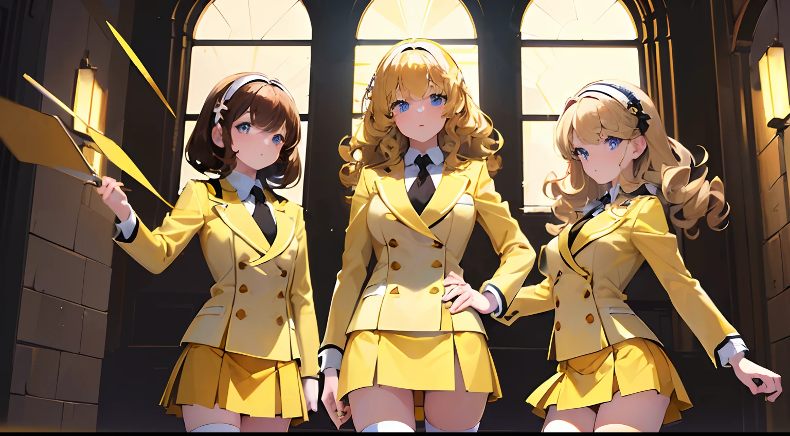 ((masterpiece, best quality, 8k, highres:1.1)), yellow school uniform, highleg, hazel eyes, yellow blazer, medium breasts, yellow pencil skirt, white thighhighs, white thighhigh socks, black high heels, (brown hair, blonde hair, curly hair, long hair, brown haired sisters, blonde sisters), (10+girls, family picture, identical sisters, clones), ((matching hairstyles, matching faces, same eye color, matching outfits))