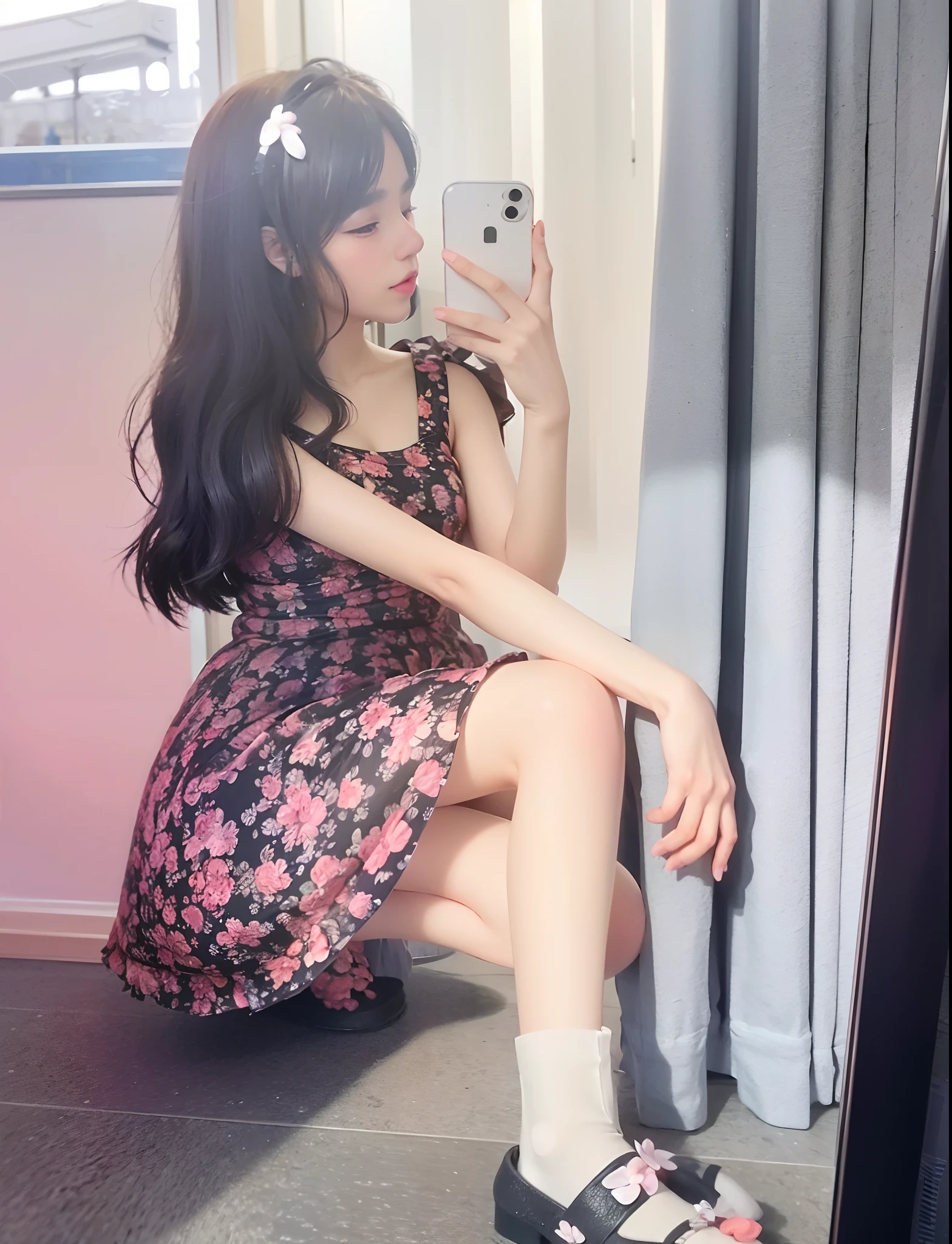 There was a woman crouching in the mirror to take a picture of herself, dressed in a flower dress, Flower dress, flowery dress, 18 years old, in dress, 2 2 yegh quality upload, 2 4 year old female model, cute elegant pose, 21 years old, 2 3 years old, Future, cute cute