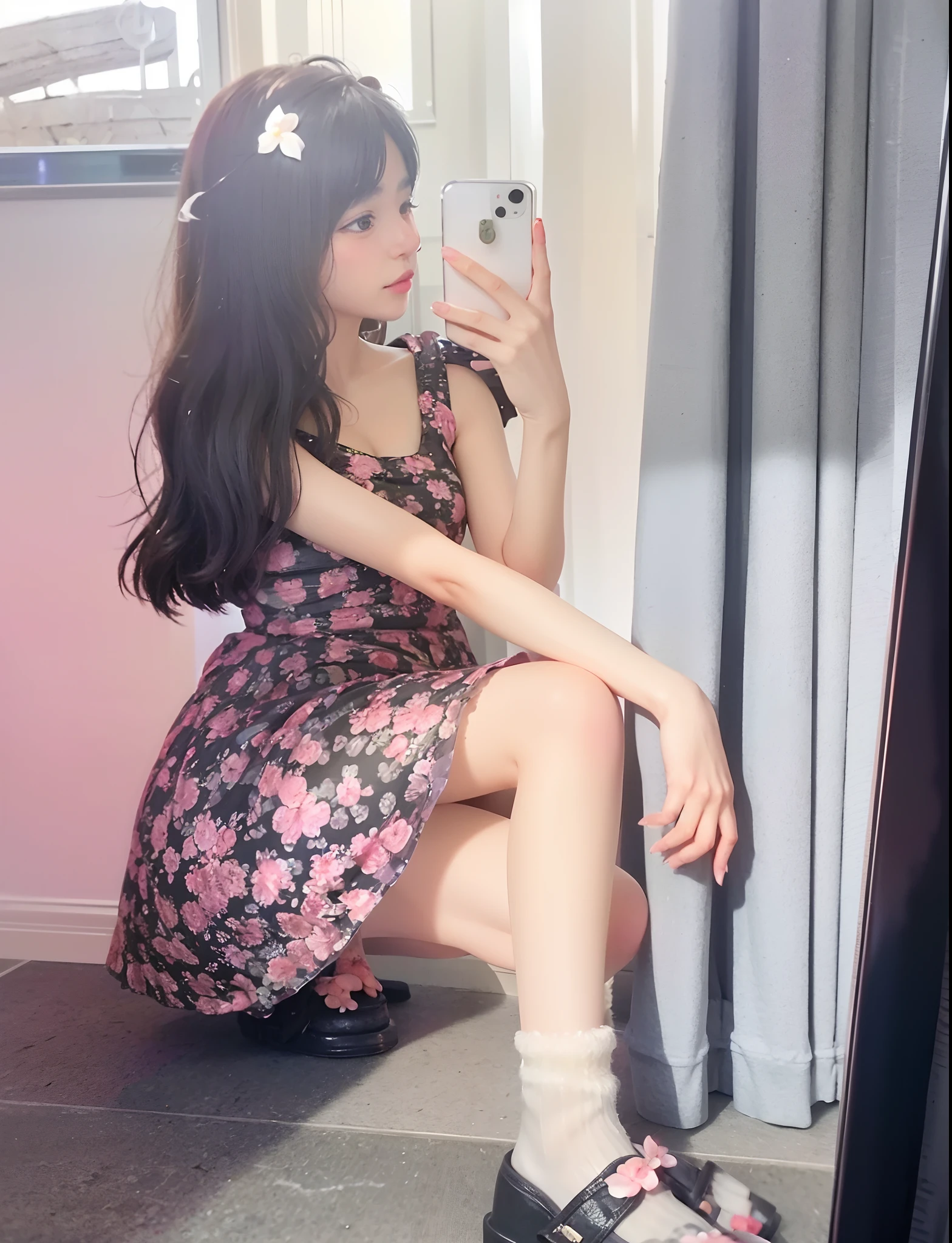 There was a woman crouching in the mirror to take a picture of herself, dressed in a flower dress, Flower dress, flowery dress, 18 years old, in dress, 2 2 yegh quality upload, 2 4 year old female model, cute elegant pose, 21 years old, 2 3 years old, Future, cute cute