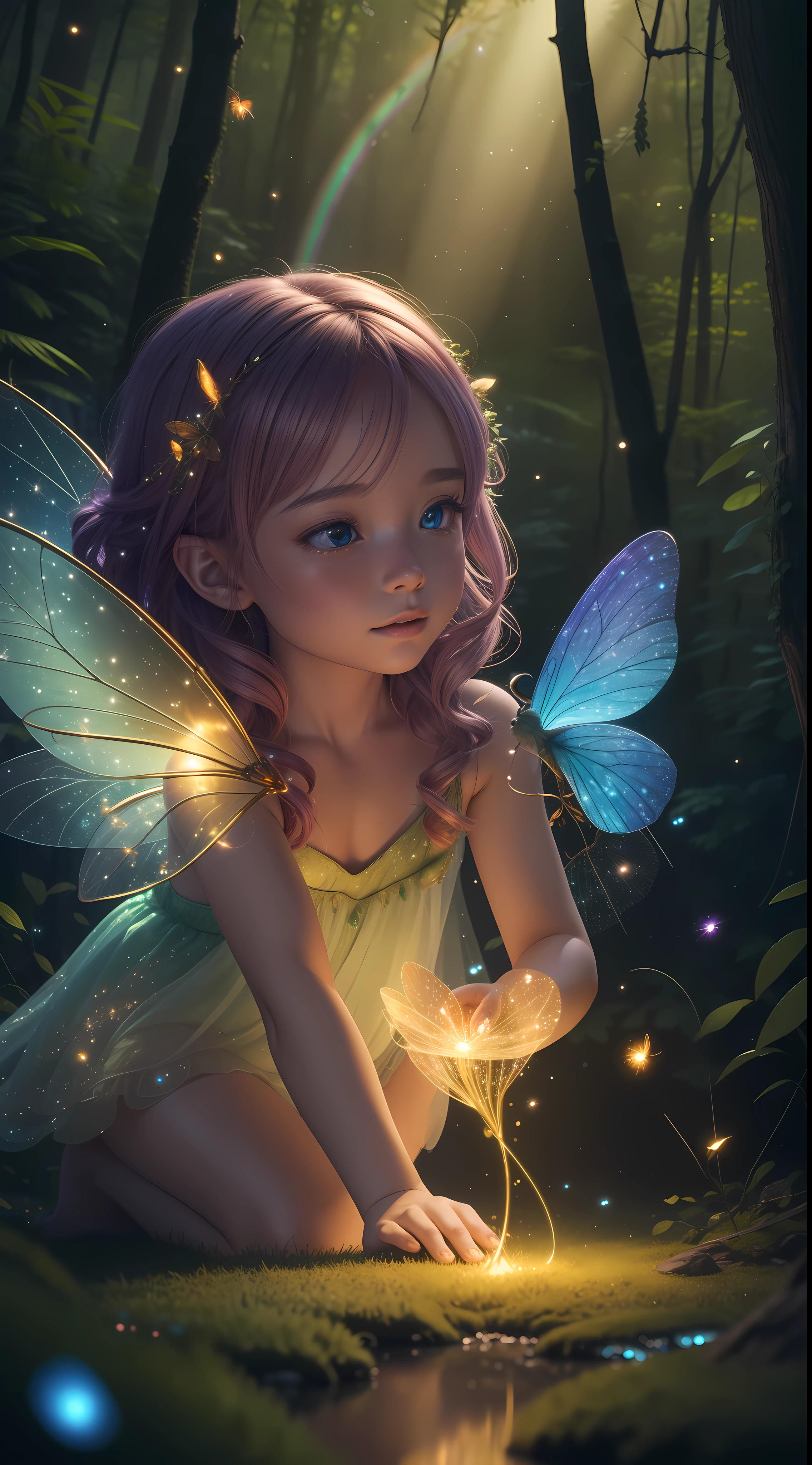 A mesmerizing UHD 8K realistic 3D render of a tiny fairy surrounded by a breathtaking forest filled with swirling, vibrant rainbow fireflies. The fairy's fingertips emit a soft, enchanting light, creating a magical atmosphere as the fireflies gracefully fly around, casting their golden glow. Truly a stunning spectacle of nature's beauty!