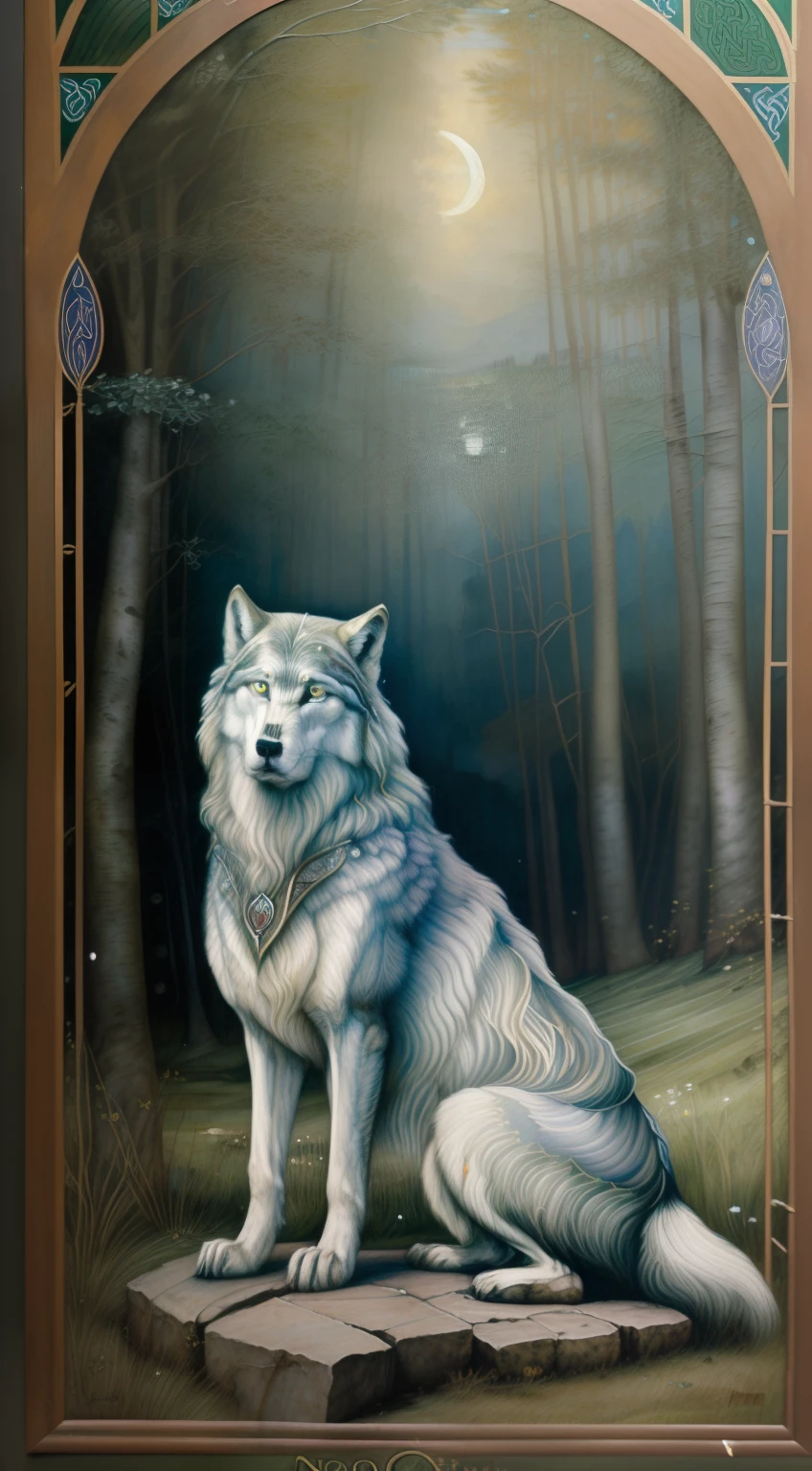 (((Pre-Raphaelite Celtic painting of a howling wolf, noite, espinheiro-branco, paisagem celta)))