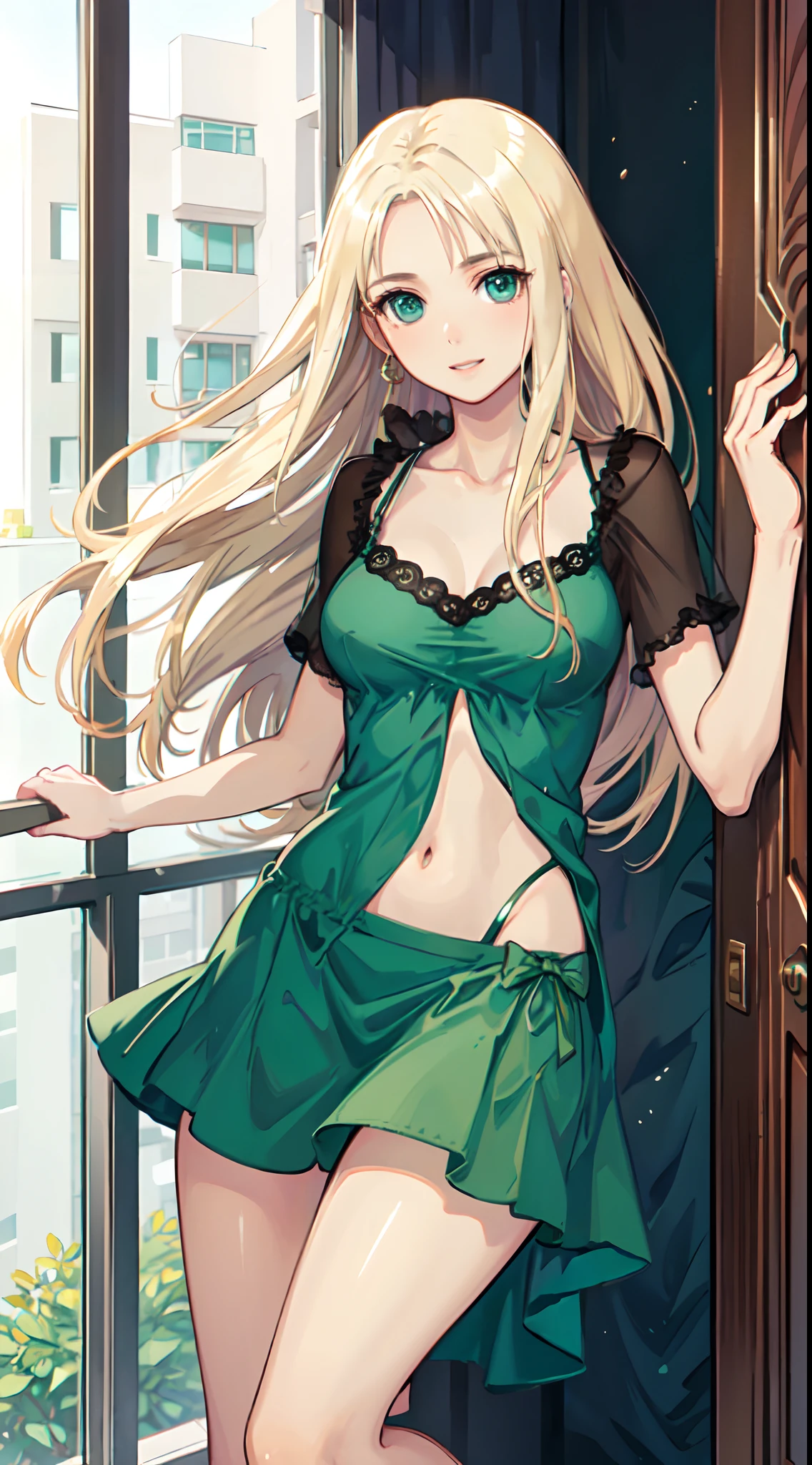 blonde hair, long hair, green eyes, green gown, short skirt, slim legs, navel, balcony, happy