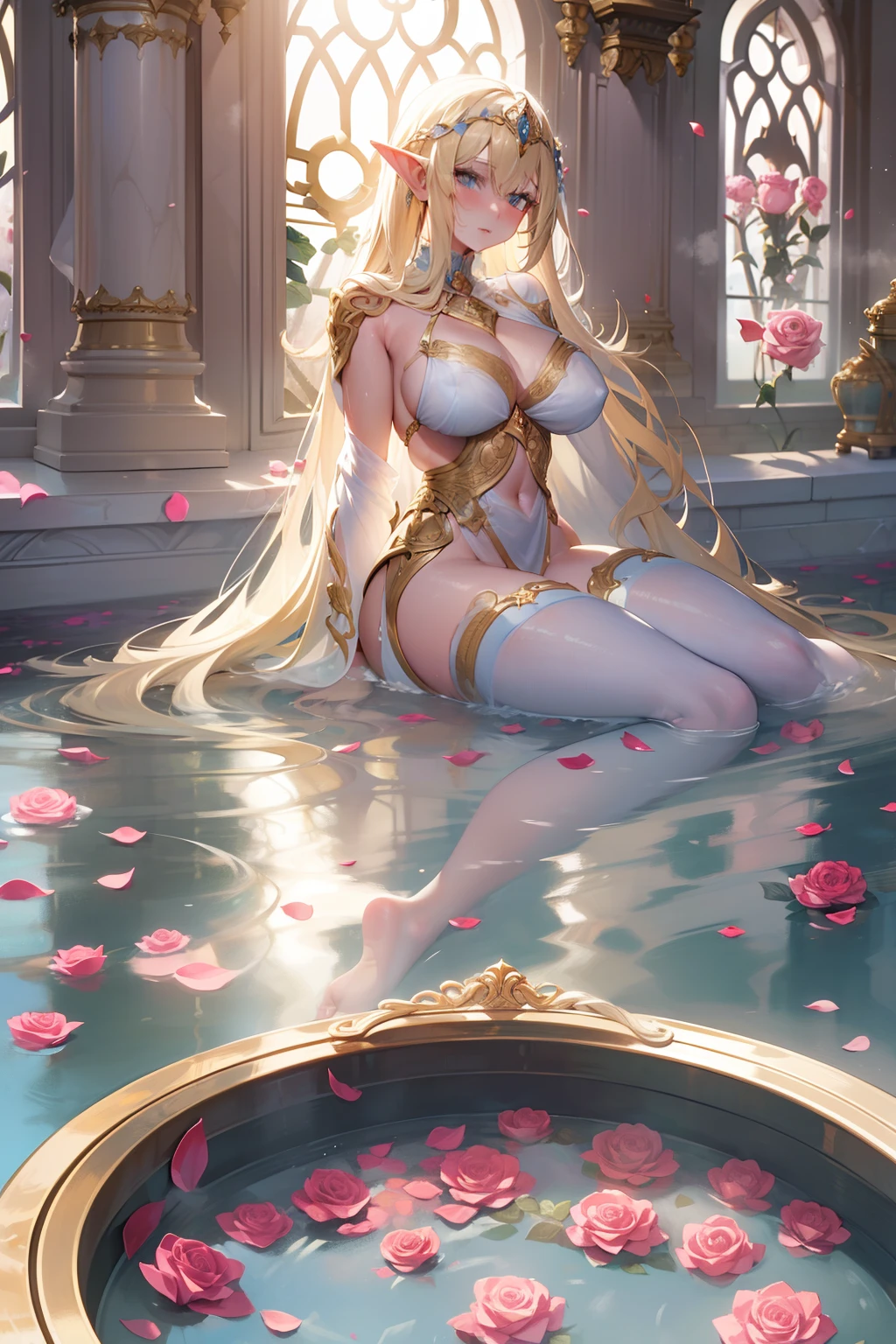 (nsfw 1.1), ((1girl)), ((masterpiece)), realistic, ((highly detailed:1.3)), beautiful elf princess bathing in a marble tub, ((very long blonde hair)), wet hair, wearing a sheer bathrobe, clothed bathing, ivorygoldai, royal palace bathroom setting, steam, very large ornate marble tub, (rose petals floating in water:1.3), early morning light, windows, crepuscula