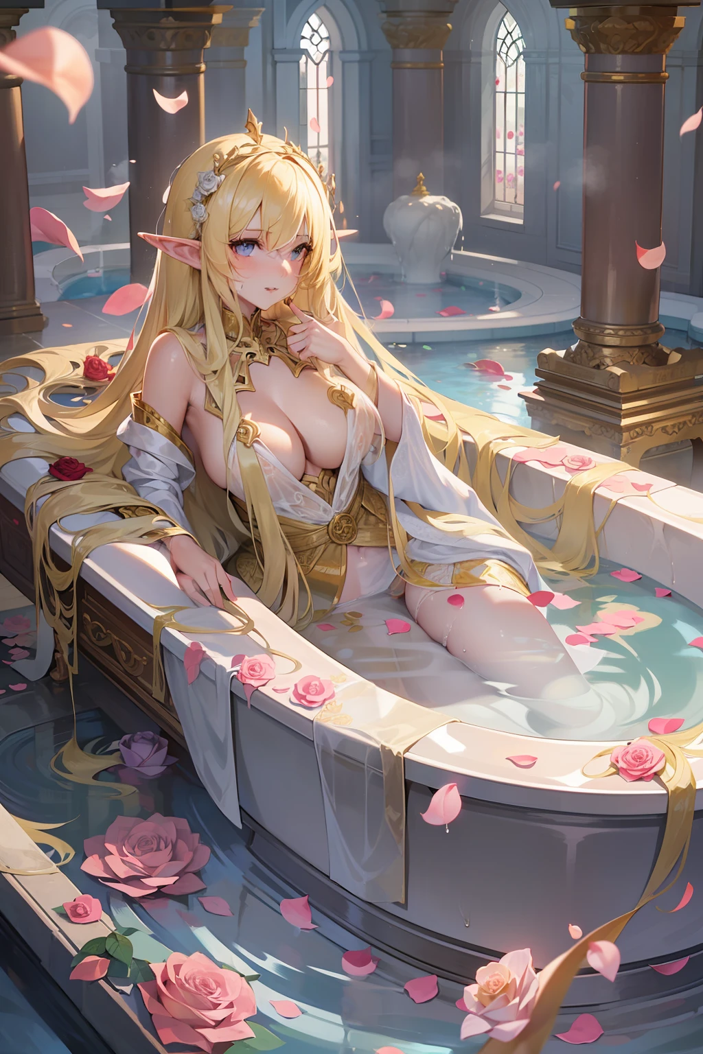 (nsfw 1.1), ((1girl)), ((masterpiece)), realistic, ((highly detailed:1.3)), beautiful elf princess bathing in a marble tub, ((very long blonde hair)), wet hair, wearing a sheer bathrobe, clothed bathing, ivorygoldai, royal palace bathroom setting, steam, very large ornate marble tub, (rose petals floating in water:1.3), early morning light, windows, crepuscula