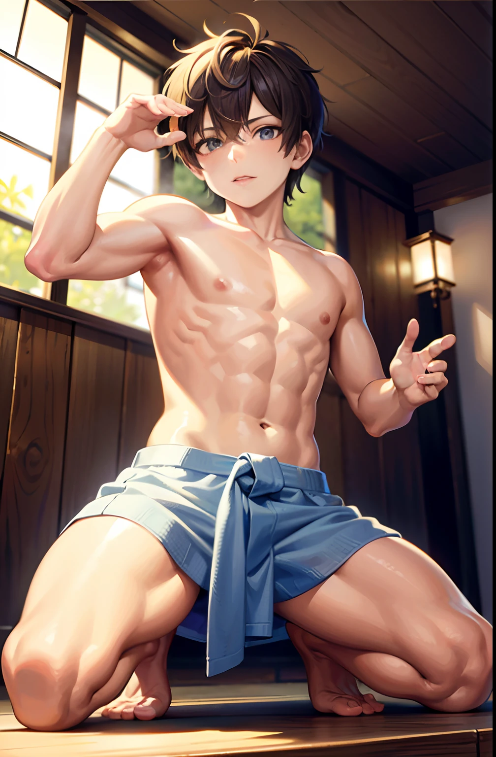 masterpiece, best quality, high quality, 1boy,10yo, ???, male focus, full body, looking at viewer, brown hair,spiky hairstyle, short hair, steam smork, japan style, anime coloring, shy, home muji style, detailed face, topless, white towel on waist, pose boxing fighter