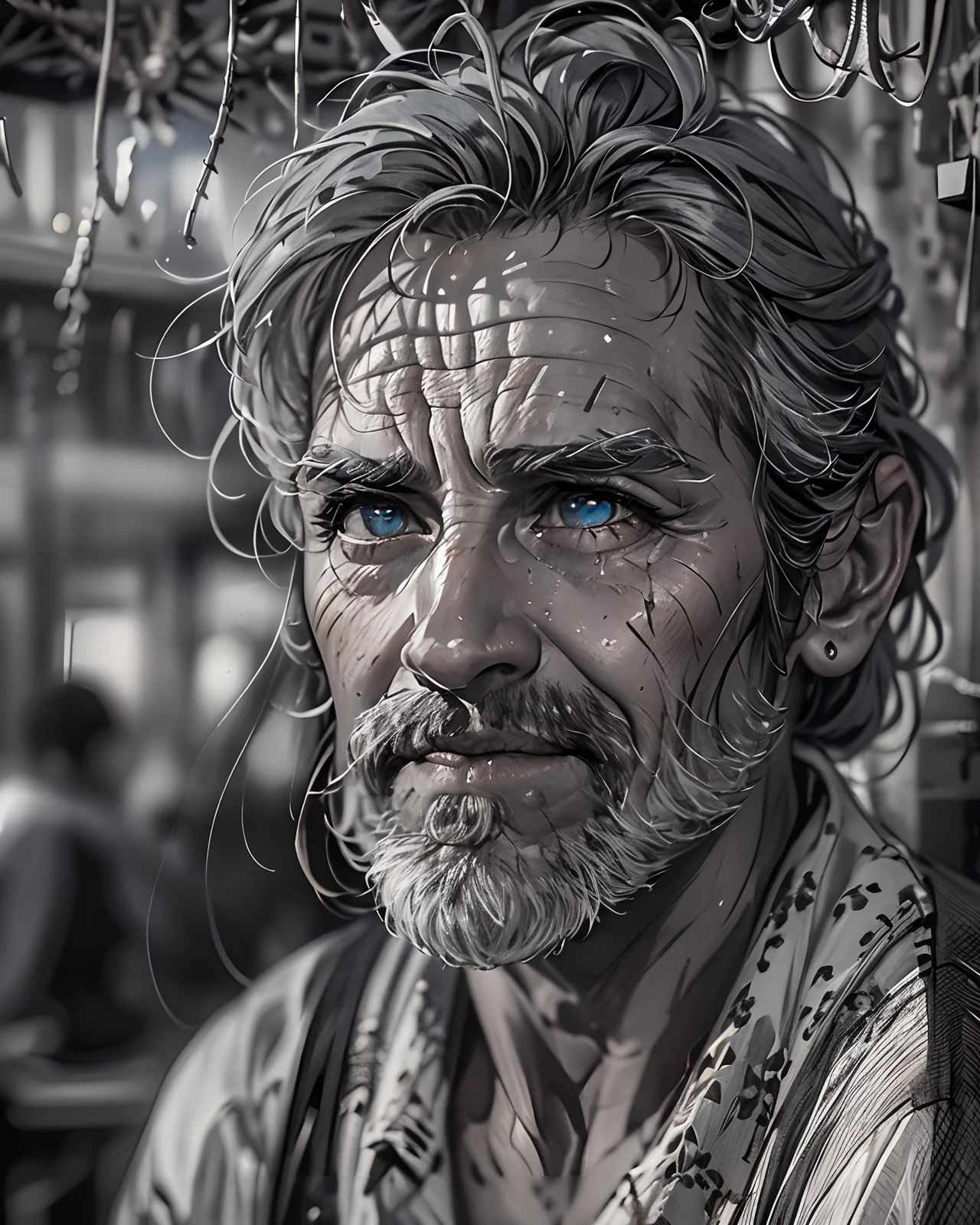 weathered, elderly man, deep creases, time-worn, weather-beaten, aged appearance, rugged jawline, thick salt-and-pepper beard, stubble, solitude etched on his face, contemplative expression, intense gaze, visible signs of a life well-lived, intricate network of scars and blemishes, intricate mechanical structures peeking through damaged skin, complex system of artificial nerves, intertwining wires and circuits, eyes filled with profound wisdom, wrinkles etched deeply, weariness evident in his features, tears glistening in his eyes, hyper-realistic portrayal, close-up view emphasizing every detail, Photorealistic, Hyperrealistic, Hyperdetailed, film noir, analog style, hip cocked, demure, low cut, black lace, detailed skin, pores, smirk, smiling eyes, matte skin, outdoor cafe, soft lighting, subsurface scattering, realistic, heavy shadow, b&w, masterpiece, best quality, ultra realistic, 8k, golden ratio, Intricate, High Detail, film photography, soft focus
