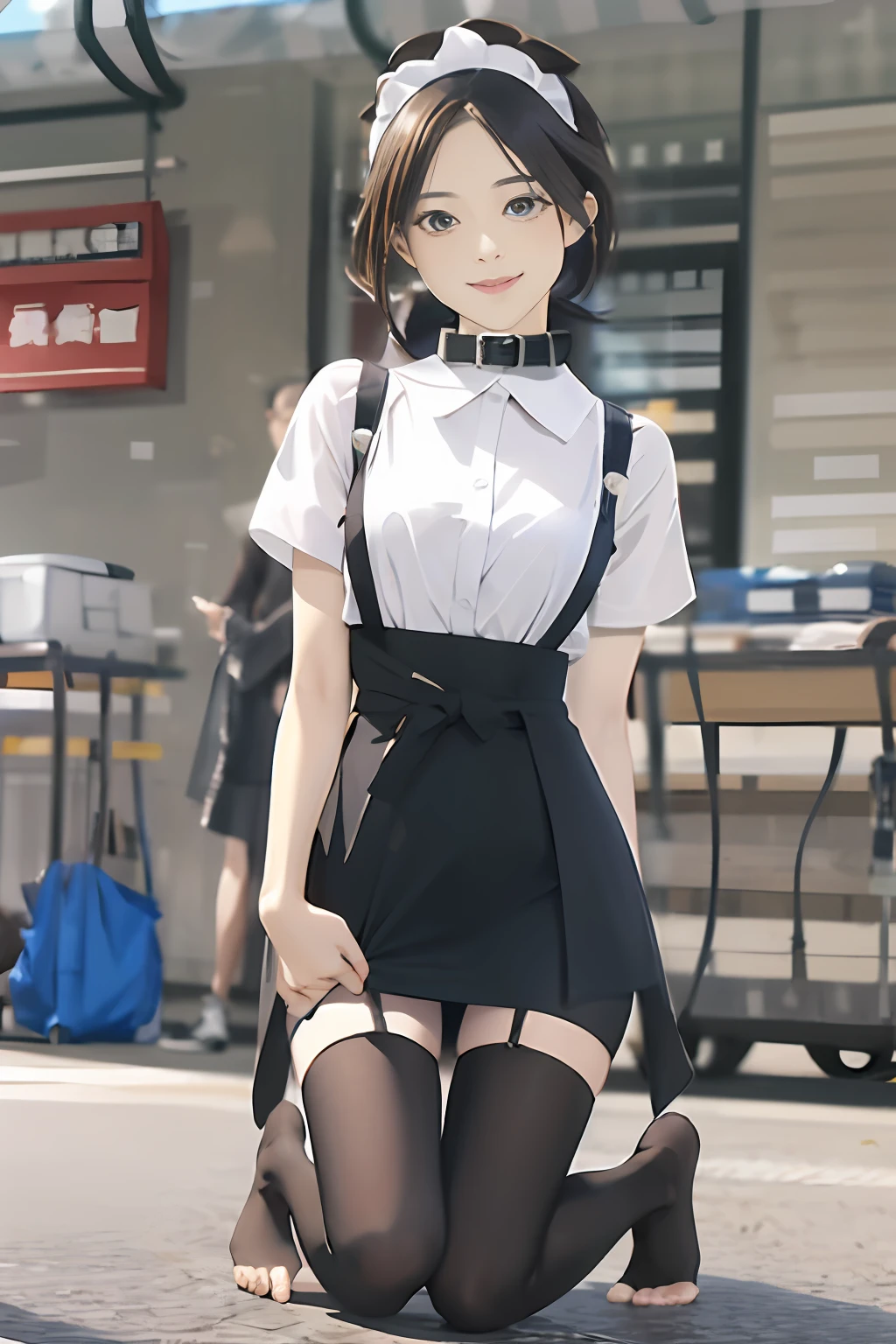 the maid outfit，Superskirt，blackstockings，Kneel，kowtow，Creeping，Keep your hands on the ground，Bigchest，big assa，open waist，Lie on the ground like a dog，The action of the servant meeting the master，Clothes transparent underwear visible，Put on a collar，exposing her chest，Barefoot，Highest image quality