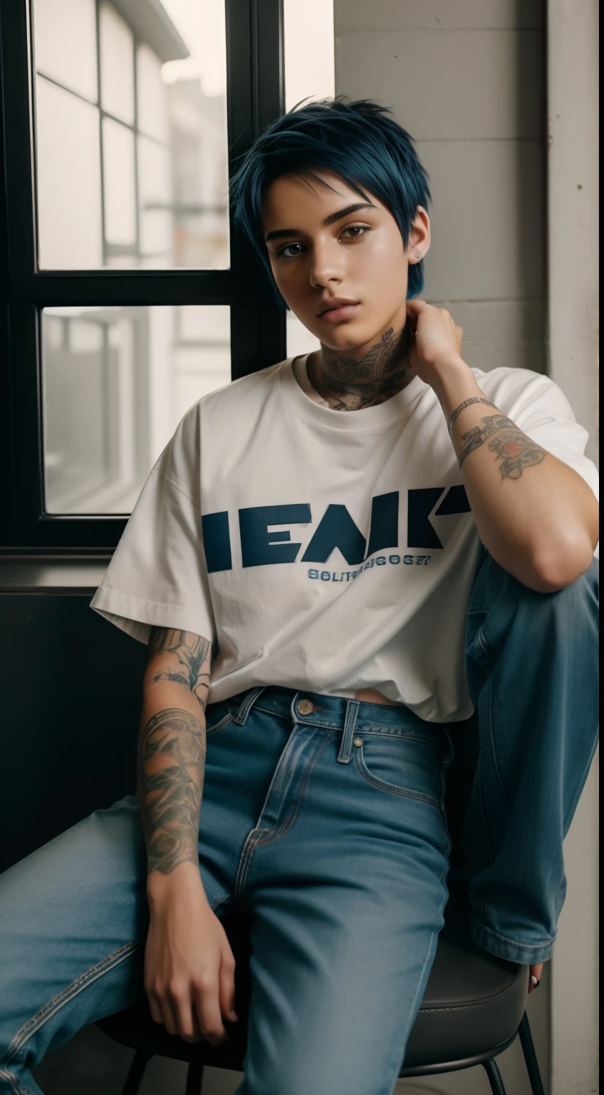 (8k, RAW photo, very high quality) Depth of Field, Bokeh, 8k, HDR, Cinematic Rendering Portrait of a male 20 year old girl, with very short blue hair, side-shaved hair, wearing a white shirt and a dark black coat , an epic model of a male woman with a tattoo on his arm, streetwear, wearing jeans, sitting on a chair, cinematic, faded colors, light background, soft colors, grainy film, read, crazy details, intricate details, hyperdetailed