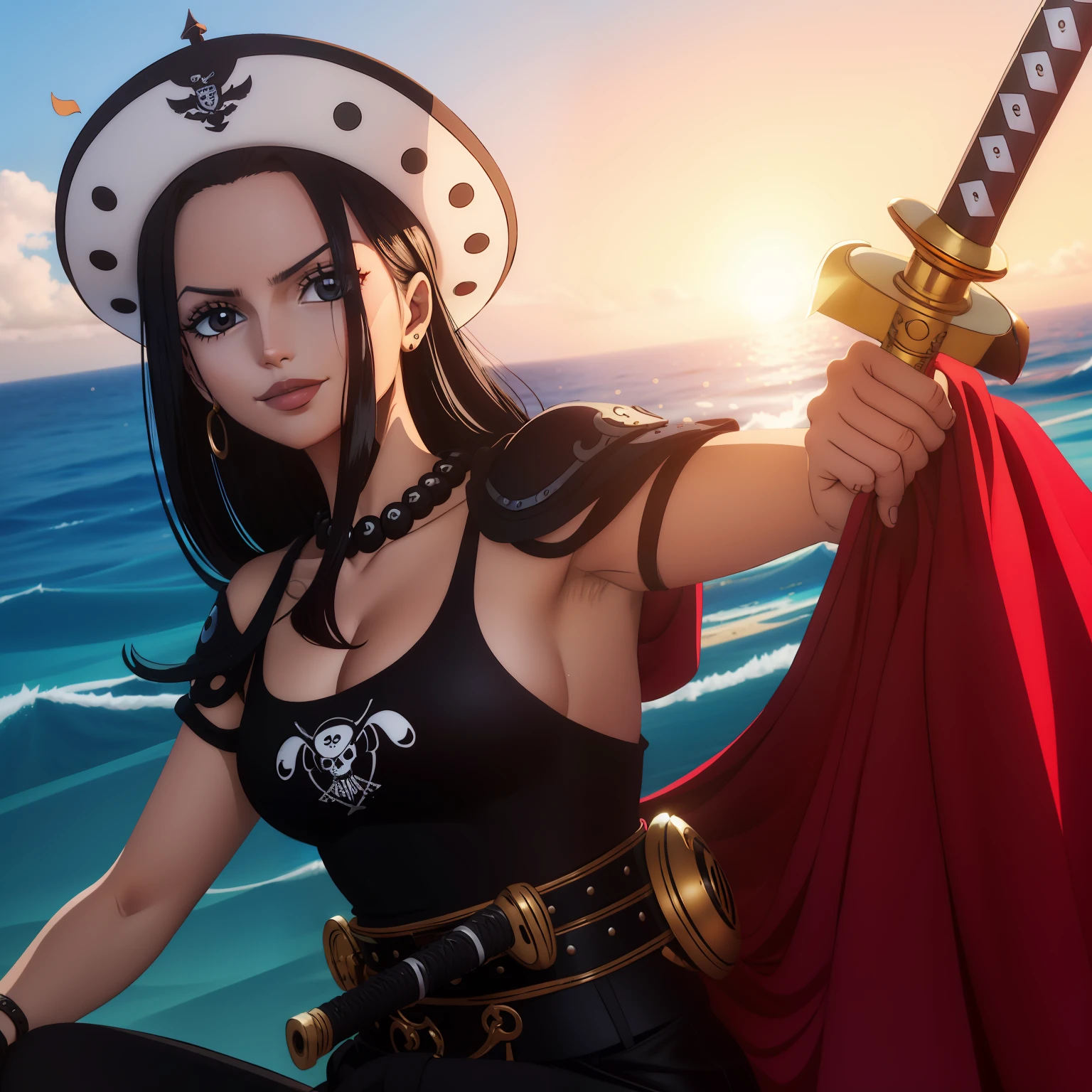 Melhor qualidade, mulher de cabelos pretos compridos, top preto com decote, middlebreasts, olhos vermelhos brilhantes, cabelo preto com uma mecha vermelha, colar com uma torre do xadrez branca, pose sexy, black collared low pants, angry expression with a smile at the corner of his mouth, pose de lado, chapeu de pirata, batom vermelho na boca, bonita, dentro de um navio, em alto mar, mar atras, olhos vermelhos, cabelo comprido pretos, usando uma pulseira de cobra amarela, olhos vermelhos brilhantes, pirata, navio de pirata, pose para foto, tocando um violino, pose tocando instrumentos, com uma katana, tocando um violino com uma katana, encarada mortal