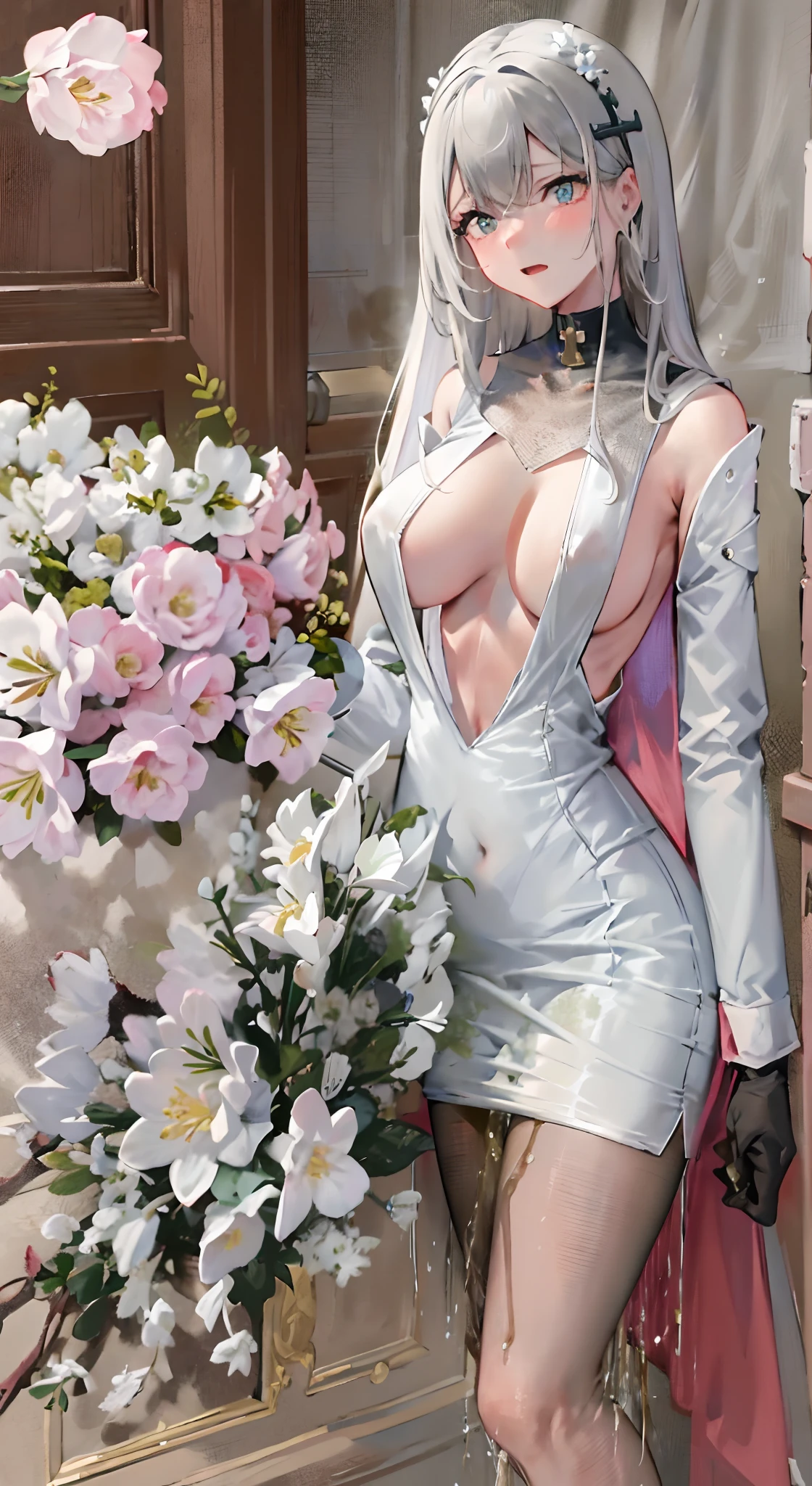 the bride,Full body in camera,full bodyesbian,(tmasterpiece),(best qualtiy),(Black color hair,long whitr hair:2,White flower decoration,White hairpin),(lacepantyhose,White panty hose,stocklings,Full body pantyhose),(Black broken nun dress,Nun dress),(panties are visible,white panties,leaked pee),black necktie,White lily and black lily print,Holding a bouquet of flowers in both hands,white long gloves,Cross pendant necklace,(cuteexpression,ssmile,Playful),Cross pupil,The eyes show love,Loving eyes,(Be red in the face,putting makeup on, Blushlush),(Black heels,White cherry blossom decoration),Dimly lit church,Faint candlelight,Dim candlelight,white lily flower, the night,Leakage of urine while standing,leaked pee,have to pee,Pee,pissing,The stockings get wet with urine,Pee yourself,Top lighting,16k,High- sharpness,high qulity,wide wide shot,Bright colors,Huge black pupils