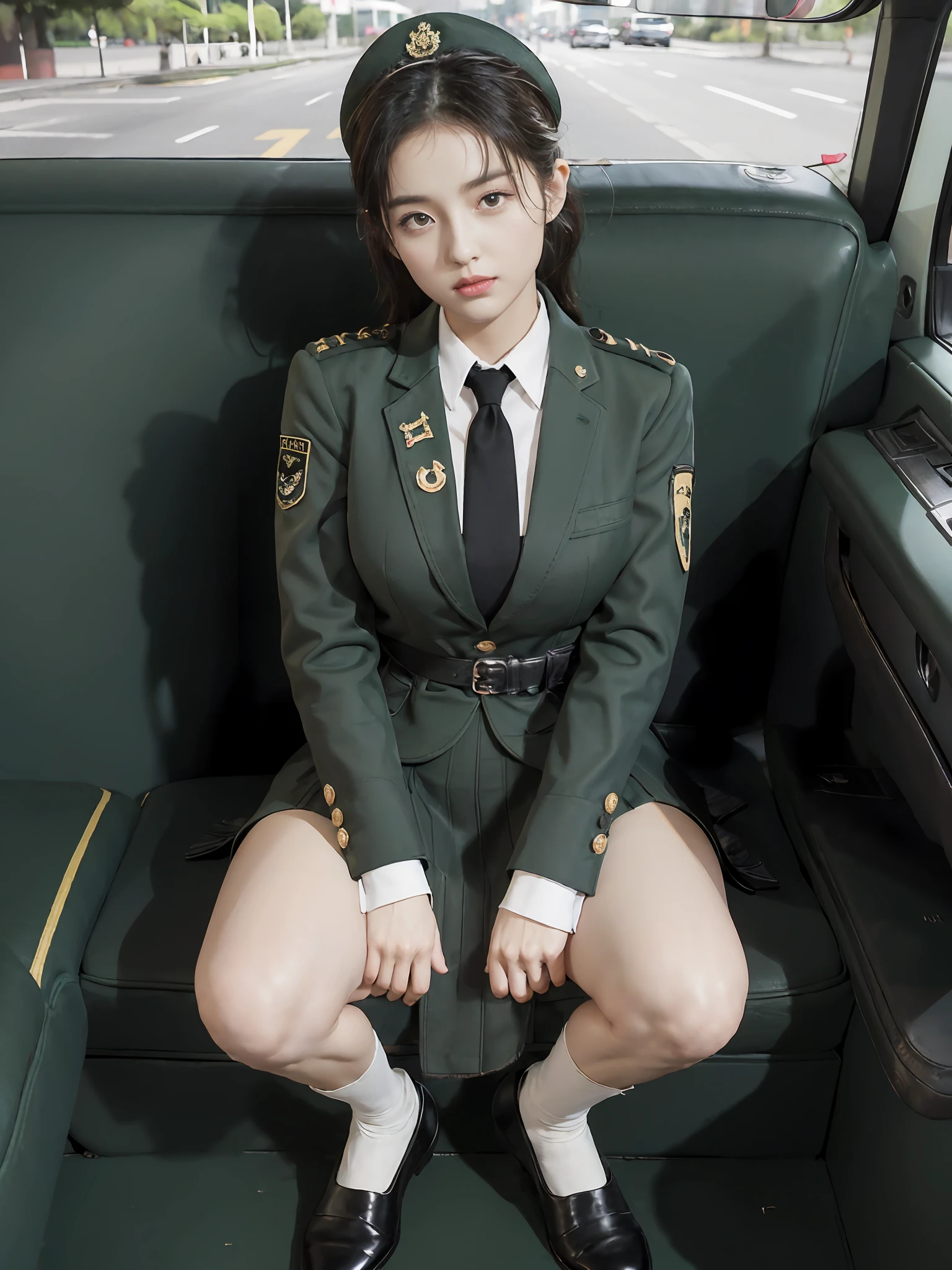 Very detailed CG unity 8K wallpaper，（tmasterpiece），（best qualtiy），（ultra - detailed），（Ultra photo realsisim），（best character detail：1.36），Nikon D750 f / 1.4 55mm，profesional lighting， physically-based renderingt, 1girll, Female soldier，army suit，Green military uniform，Fabric texture military uniform，Pure white lining，Dark green tie，Army green skirt，military hat，Black hair，the golden ratio,[:(com rosto detalhado:1.2):0.2]:,PureErosFace_V1, broad shoulder,(Bigchest:1.5),(big assa:1.5)，Wide buttock ，Bare legged，Plump legs，Move the center of gravity back，Squat on the grass，Spread your legs apart，whitestocking，Small black leather shoes，hands lying on thighs，Soaked with sweat，red flags，At the cafe，Night Street，bright sun，Look at the audience from the front，Bright smile，White teeth，lighting，Contre-Jour，