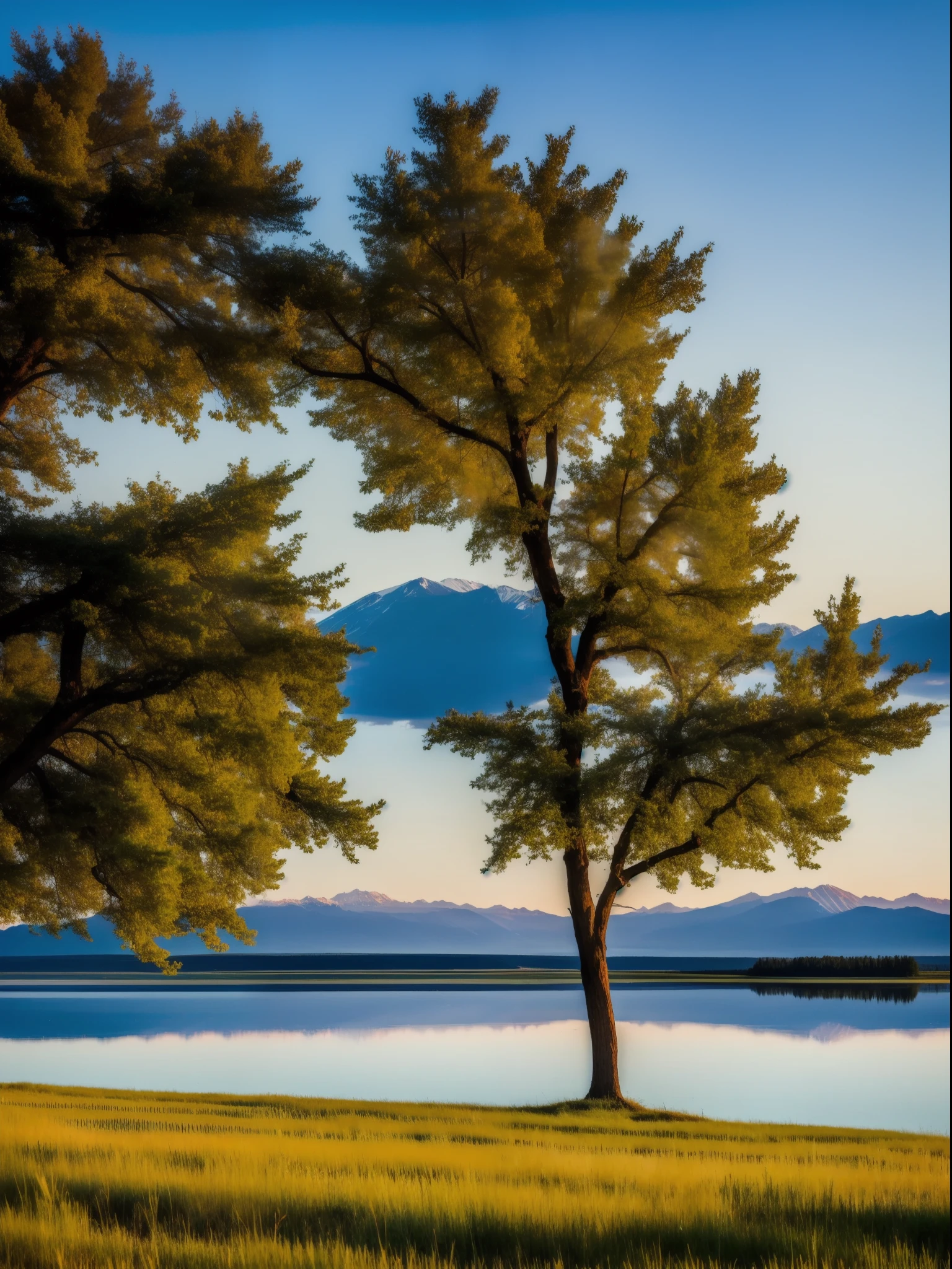 in the early morning，On the steppe，The tree，mont，lake，Clear，beautiful natural places，k hd