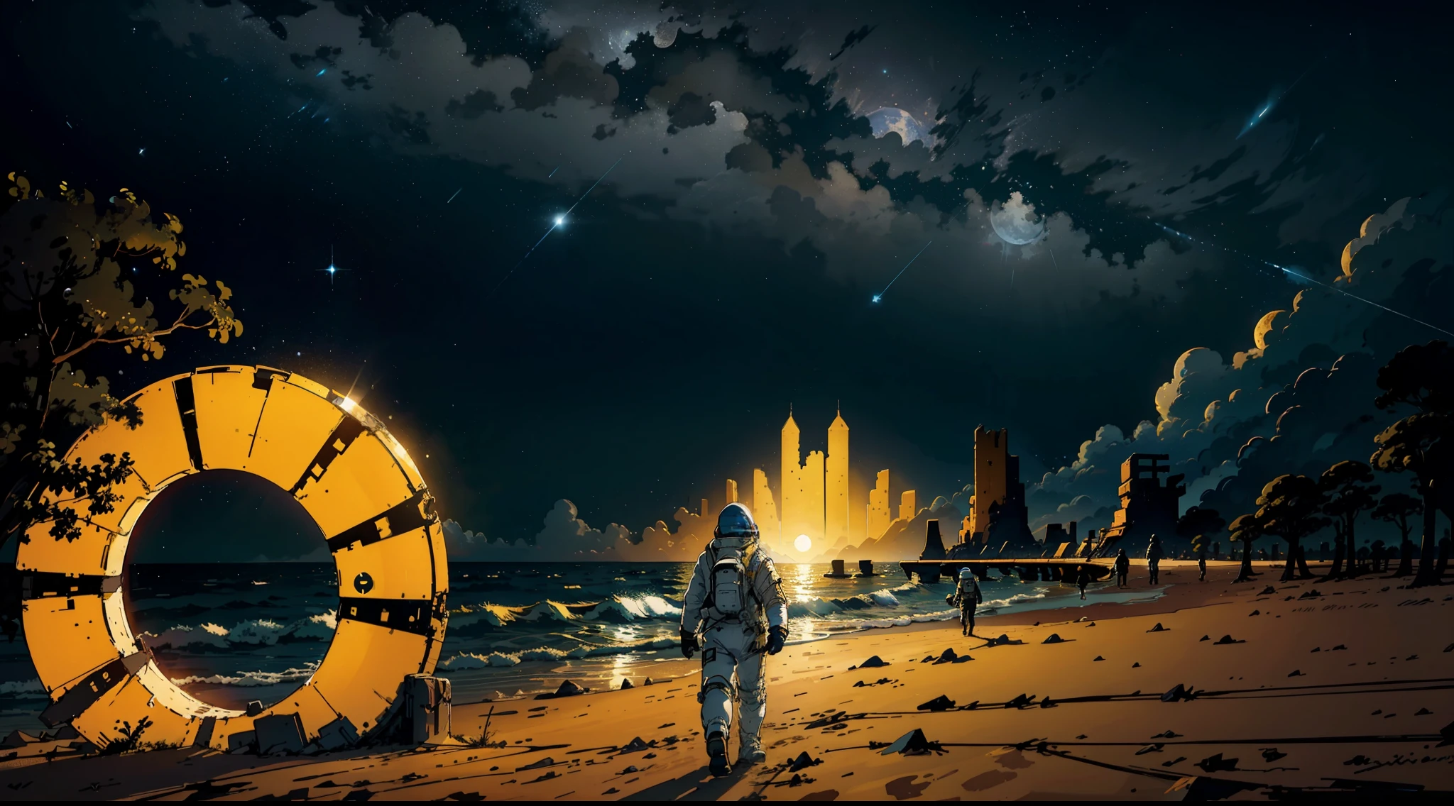 An astronaut in an intricate spacesuit is walking on a beach with a single yellow full moon behind him, Starless night sky, full moon, The ruins of a ship in the sand, Masterpiece, Wide viewing angle, Award-Standing, Best Quality.A big tree that stretches up to the sky
