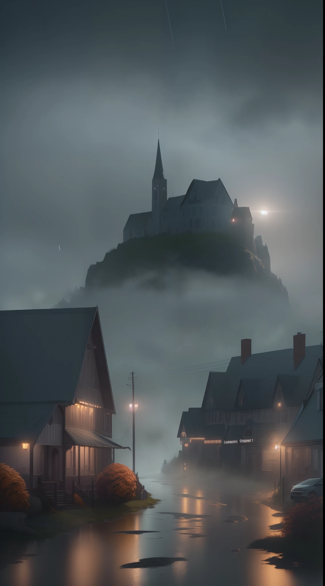 (image of a small town) (the year is 2023), dark midnight moonlight backlight fog (masterpiece:1.2) (illustration:1.2) (best quality) (detailed) (intricate) (8k) (HDR) (wallpaper) (cinematic lighting) (sharp focus) horror, creepy, fall weather, rain, fog,