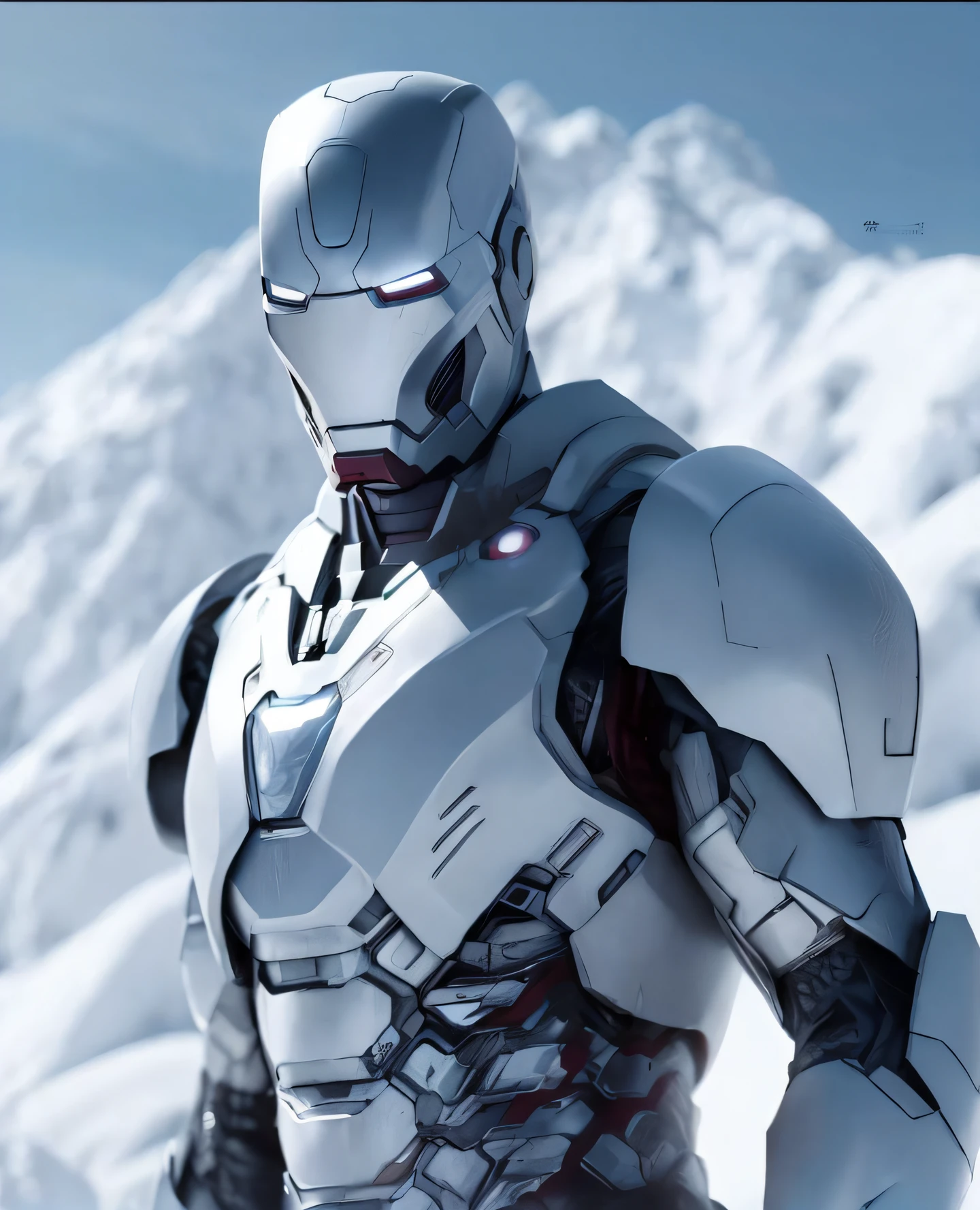 um close up de um homem de terno parado na neve, homem de ferro superior branco, coberto com armadura de prata completa, em armadura futurista branca, Arte digital altamente detalhada em 8k, hq 8k papel de parede, HQ 8K papel de parede do telefone, como o ironman, Arte conceitual de Tony Stark, cinematic wallpaper 8K, cinematic 8k wallpaper, com armadura prateada elegante
