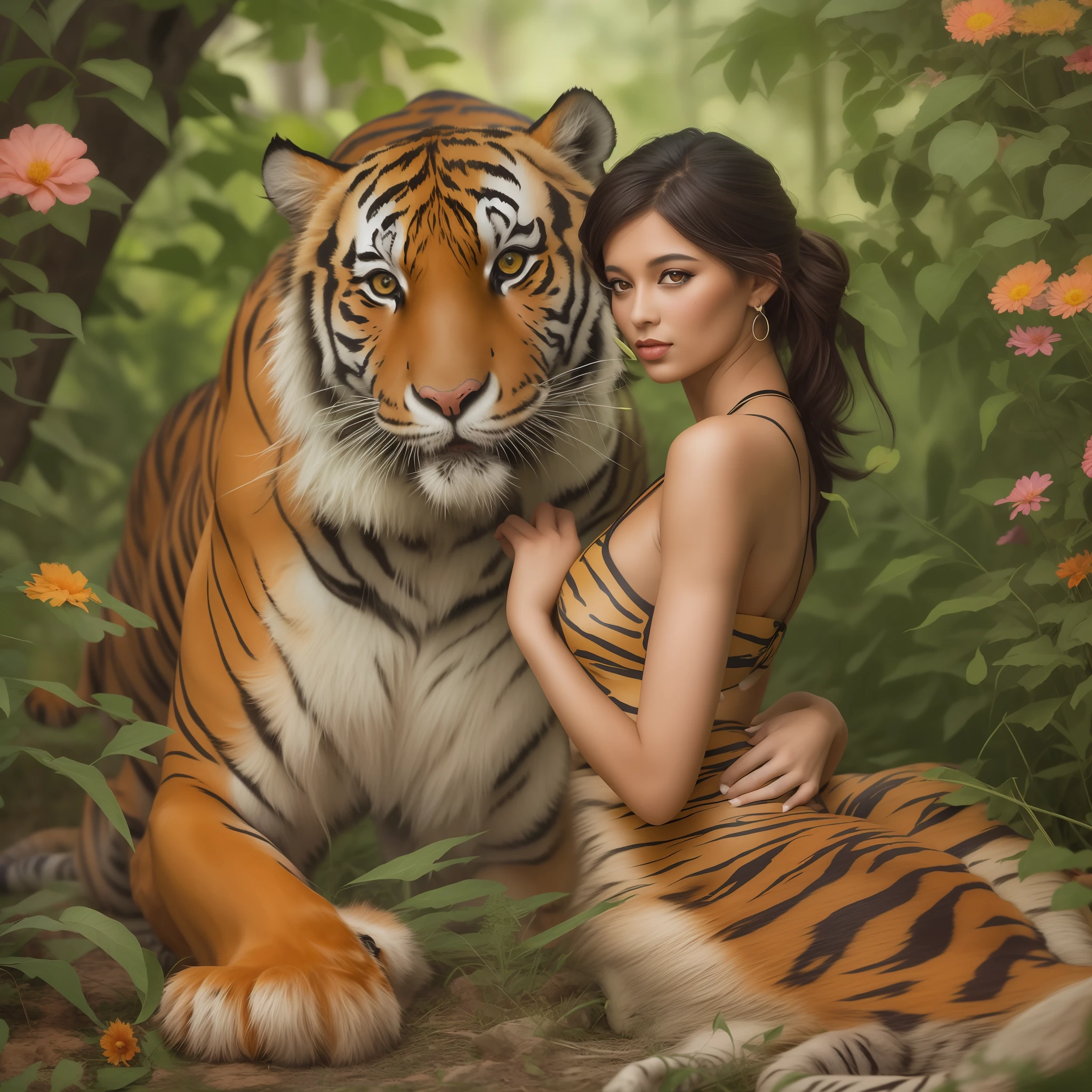 NSFW. (()), (((1girl))), (((23years))), (full body shot), Jasmine on a silk bed cuddling a (((big tiger))), Arabian, diadem with blue gem, jewelry, bracelets on arms, anklets on legs, colorful silks, Arabian setting, flowers, looking at viewer, ((highly detailed)), (((masterpiece))) Hyacinth