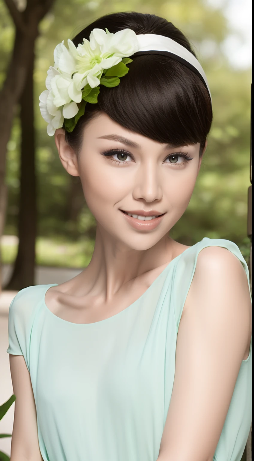 Fashion model 20 years old [[[[closeup cleavage]]]], [[[[boobgasm]]]], [[[[coll]]]], [[[[bshoulders]]]], perfect  eyes, Perfect iris，Perfect lips，perfect teeth，Perfect skin，Long face，slender nose，with fair skin，Soft front light，hdr，Movie girl，Casual，The background is outdoors，Green trees and flowers，（pastel colour：1.2）