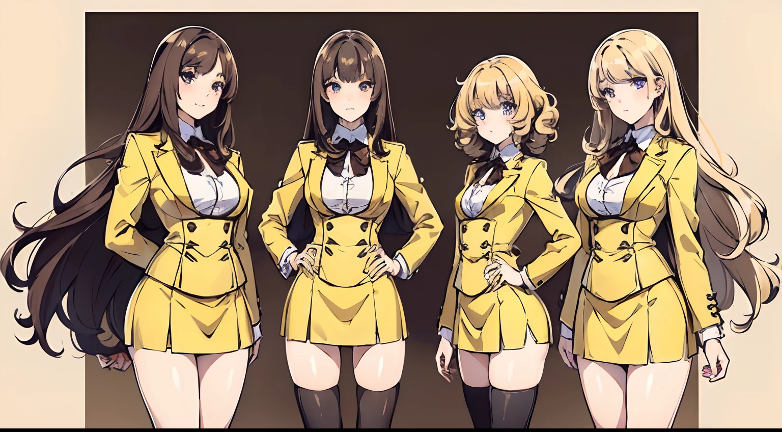 ((masterpiece, best quality, 8k, highres:1.1)), yellow school uniform, highleg, hazel eyes, yellow blazer, medium breasts, yellow pencil skirt, white thighhighs, white thighhigh socks, black high heels, (brown hair, blonde hair, curly hair, long hair, brown haired sisters, blonde sisters), (10+girls, family picture, identical sisters, clones), ((matching hairstyles, different hair colors, matching faces, same eye color, matching outfits))