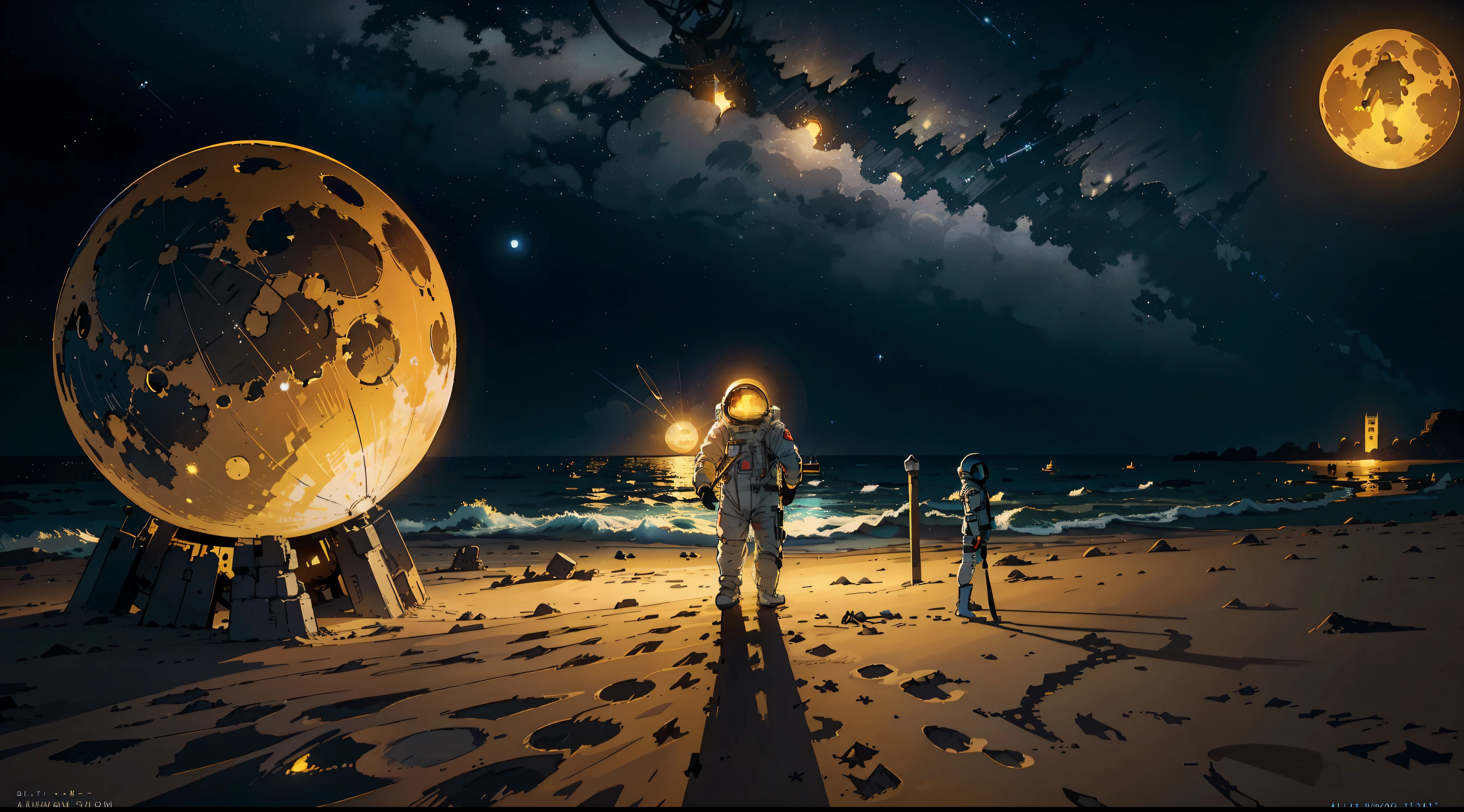 An astronaut in an intricate spacesuit is walking on a beach with a single yellow full moon behind him, Starless night sky, full moon, The ruins of a ship in the sand, Masterpiece, Wide viewing angle, Award-Standing, Best Quality.A big tree that stretches up to the sky