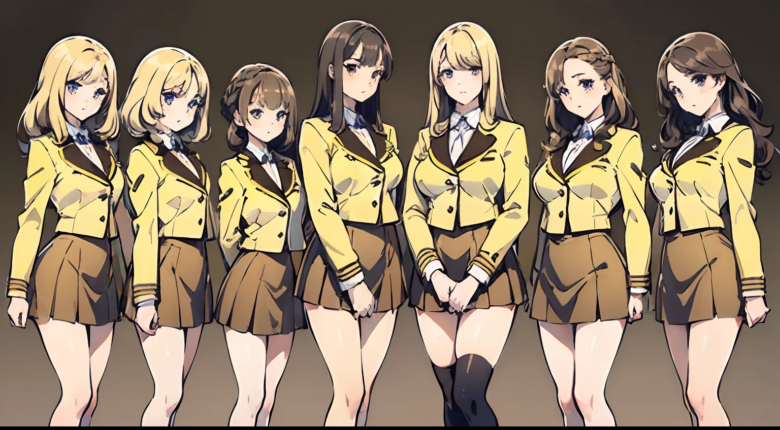 3 Anime schoolgirls, one blonde haired, one black haired, and one brown haired, all wearing miniskirts, lifting miniskirts