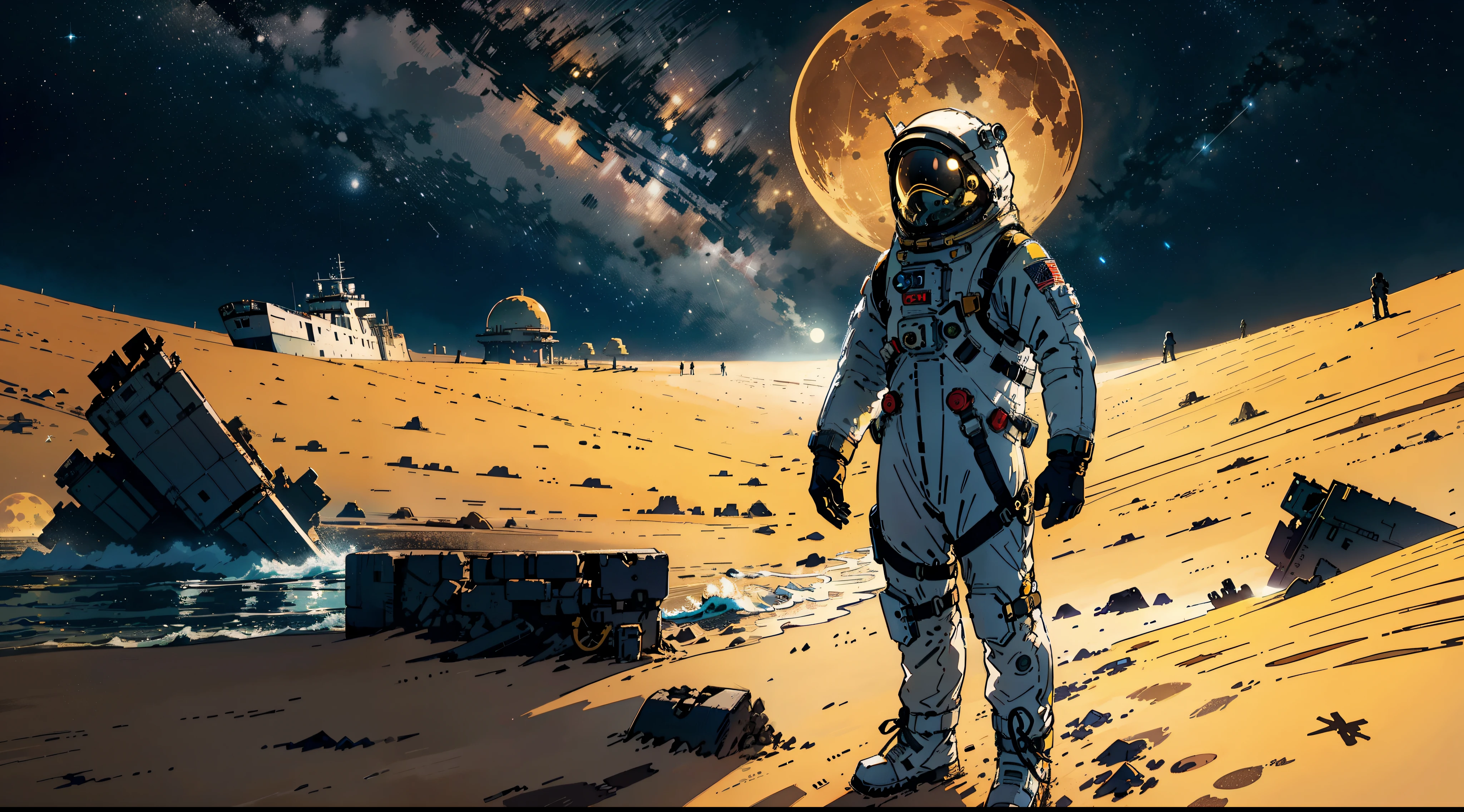 An art with an astronaut in an intricate space suit walking in the desert, some cacti, night sky with few stars, rocks and sand, farther view of the astronaut with sky occupying a third of the art, side position, masterpiece, wide viewing angle, award-winning, better quality.