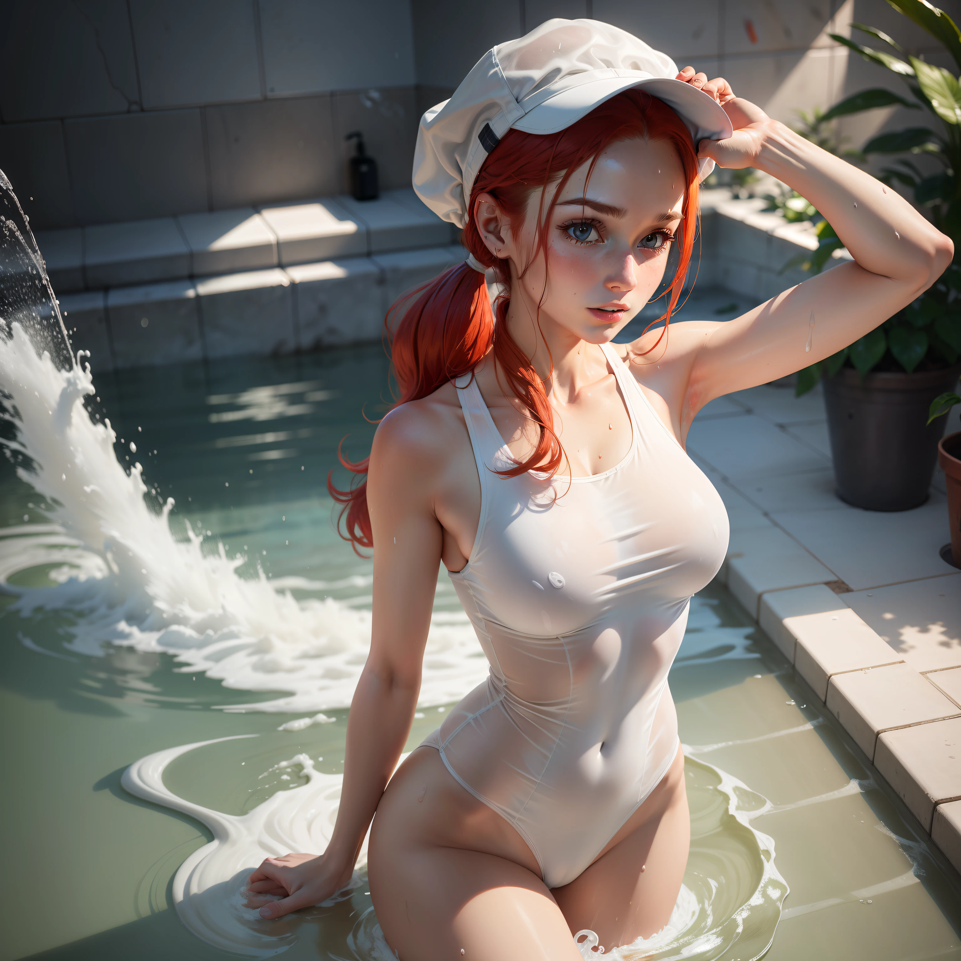 redheadwear,pony tails,White silk transparent one-piece underwear,Russian model,slim toned body,Beautiful breasts,Beautuful Women,Rainy days,rose petals,浴室,taking a shower,Get wet,damp hair,Get wet,A happy expression,Get wet all over your body,flowingwater,plain face,The whole body is water,Look up at the perspective