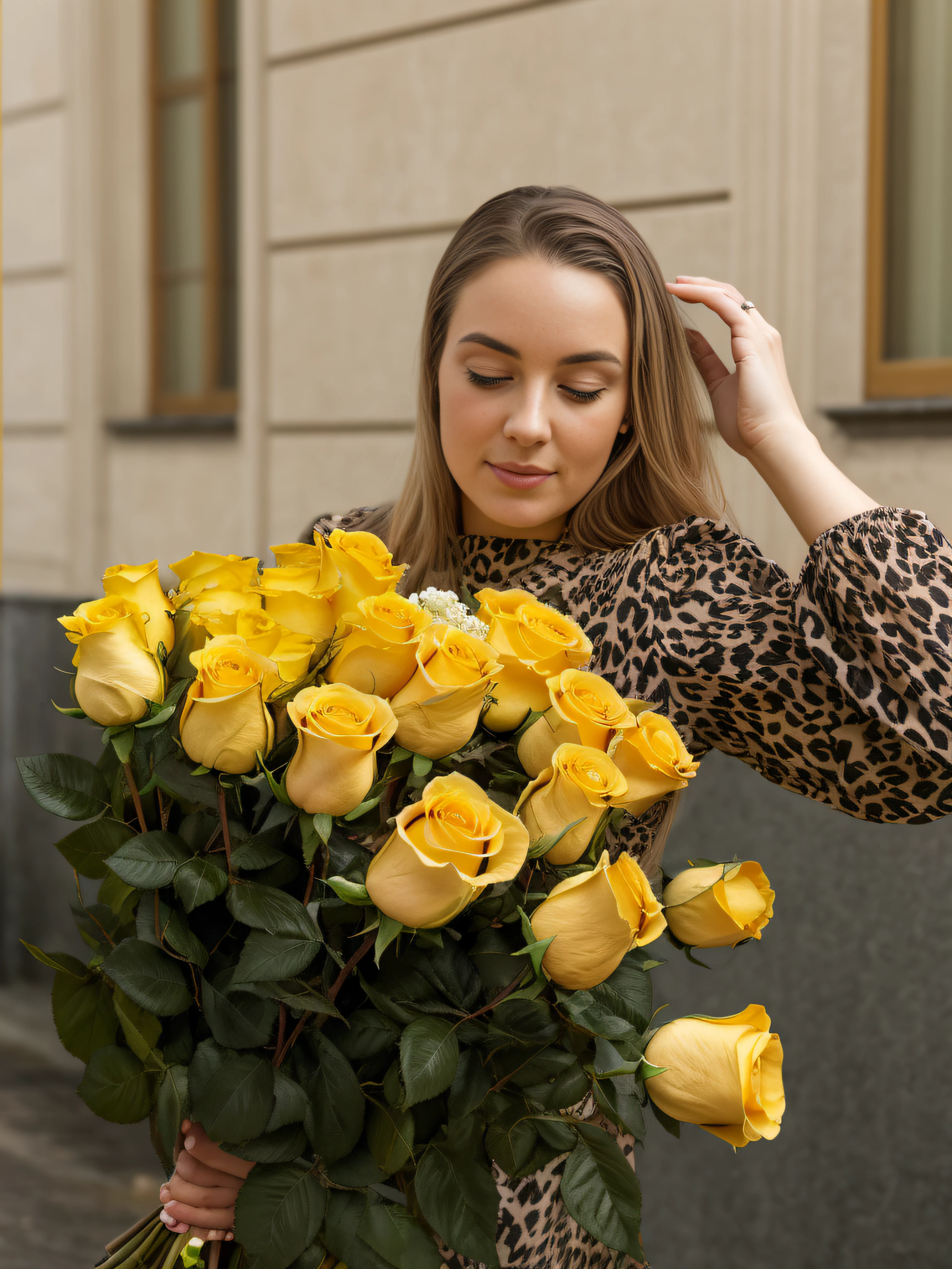 A woman holds a bouquet of yellow roses in her hands, with flowers, female portrait with flowers, Flowers and gold, holding flowers, roses in hands, shot with Nikon Z9, Beautiful yellow woman, 3 4 5 3 1, lovely woman, anna nikonova, 1614572159, , beautiful hair, foto realista, hyper realisitc
