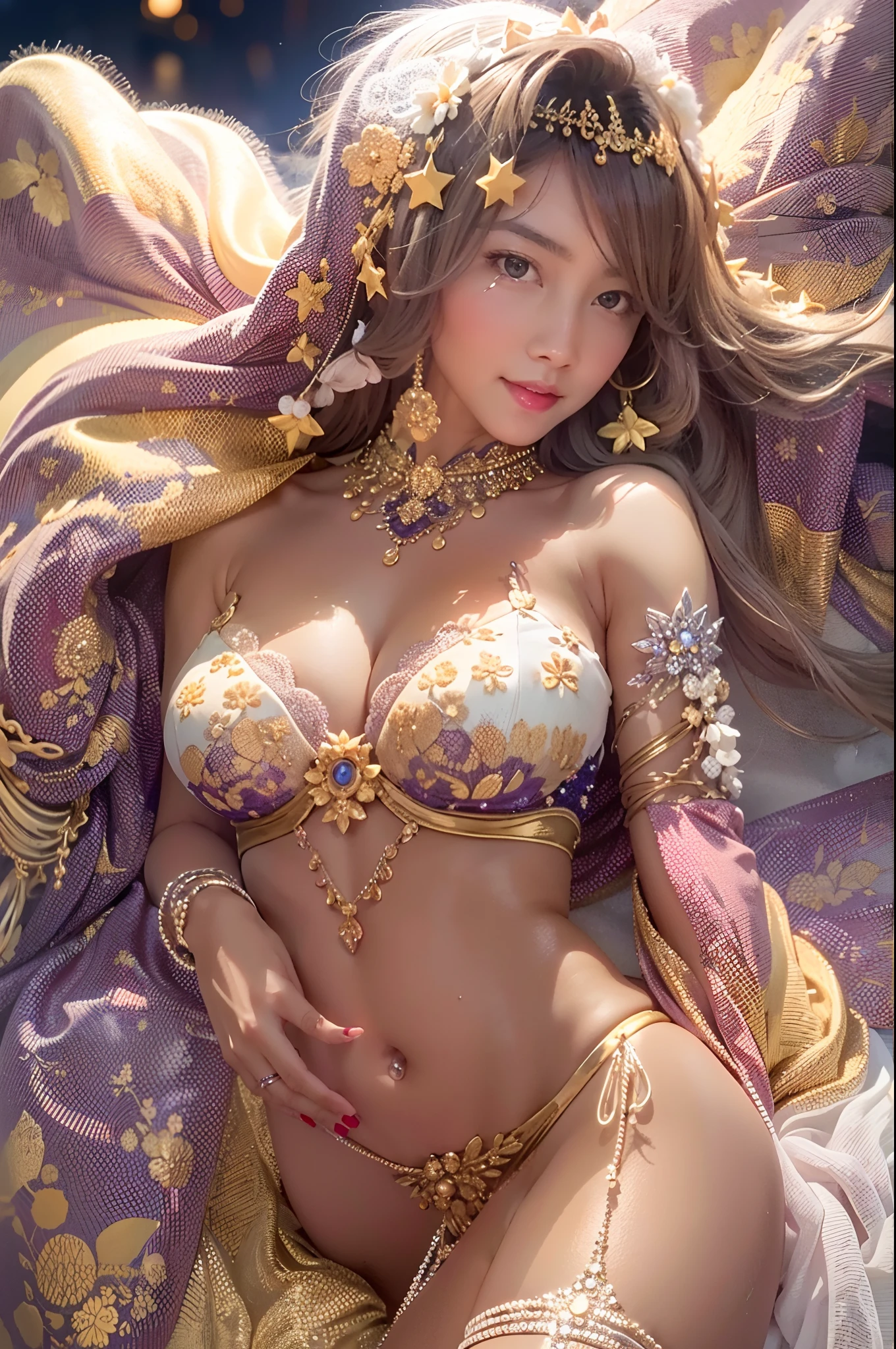 Beautiful girl looking at the camera, huge breast, from below, full length, , ((background space and stars)), (masterpiece), best quality, very detailed, (watercolor), blooming, delicate and beautiful, illustration , (bottom), (detailed skin, diffuse skin pores), ethereal, max detail, max quality, (bloom: 0.5), ray tracing, specular, shallow DOF, anti-aliasing, 8K UHD, SLR camera, soft light, high quality, 3D lighting, candid, photography, high resolution, 4K, 8K, bokeh, ultra-realistic 8K CG, (epic:, perfect work, masterpiece, ancient dynasty, middle ages, fantasy), ((((detailed background))) , amazing god-like beauty, vivid facial features, detailed hair, dynamic angle, amazing stunningly beautiful, lying down, extremely detailed skin, golden wet skin, 50mm portrait, glamour, perfect soft curves, perfect body, perfect boobs, perfect wide hips, plump wet lips, extremely detailed muscle definition, perfectly detailed abs, ultra-realistic