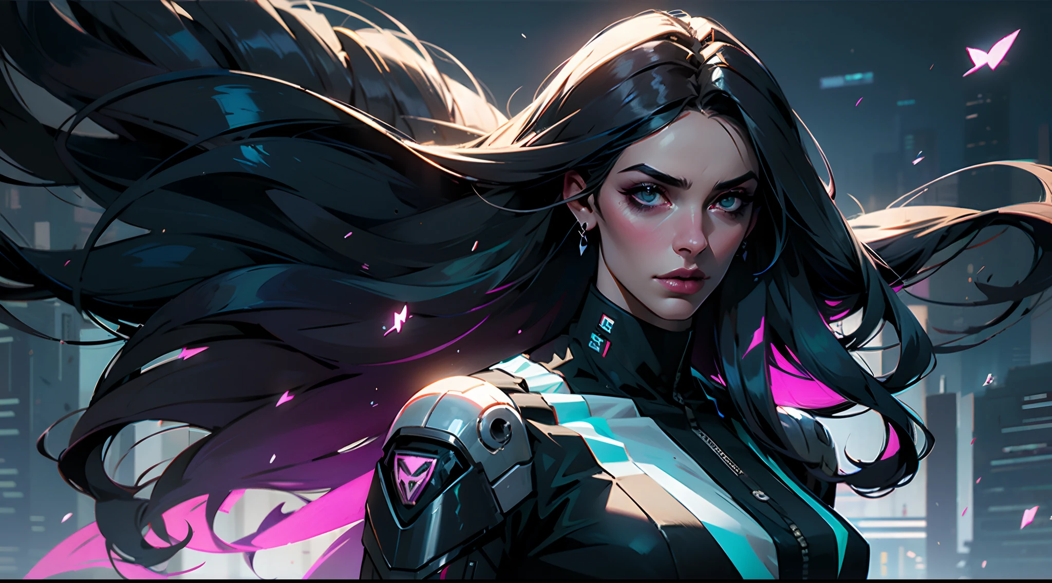 Nijistyle, RFKTR_Tecnotrex, mulher linda, Arte Oficial, Unity 8k imagem de frente , Ultra Detalhado, handsome and aesthetic, obra-prima, melhor qualidade, realista,Beautiful woman with long hair fluttering from the wind , cabelo preto, , Cyberpunk , Epic fabric , Uniforme Cyberpunk