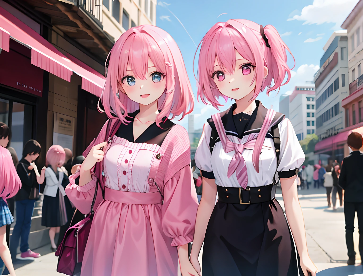 nightの女、Hostess、Slender Body、Frilly clothes、Short skirt、Pink Hair、Japanese women、bustling street、neon、night