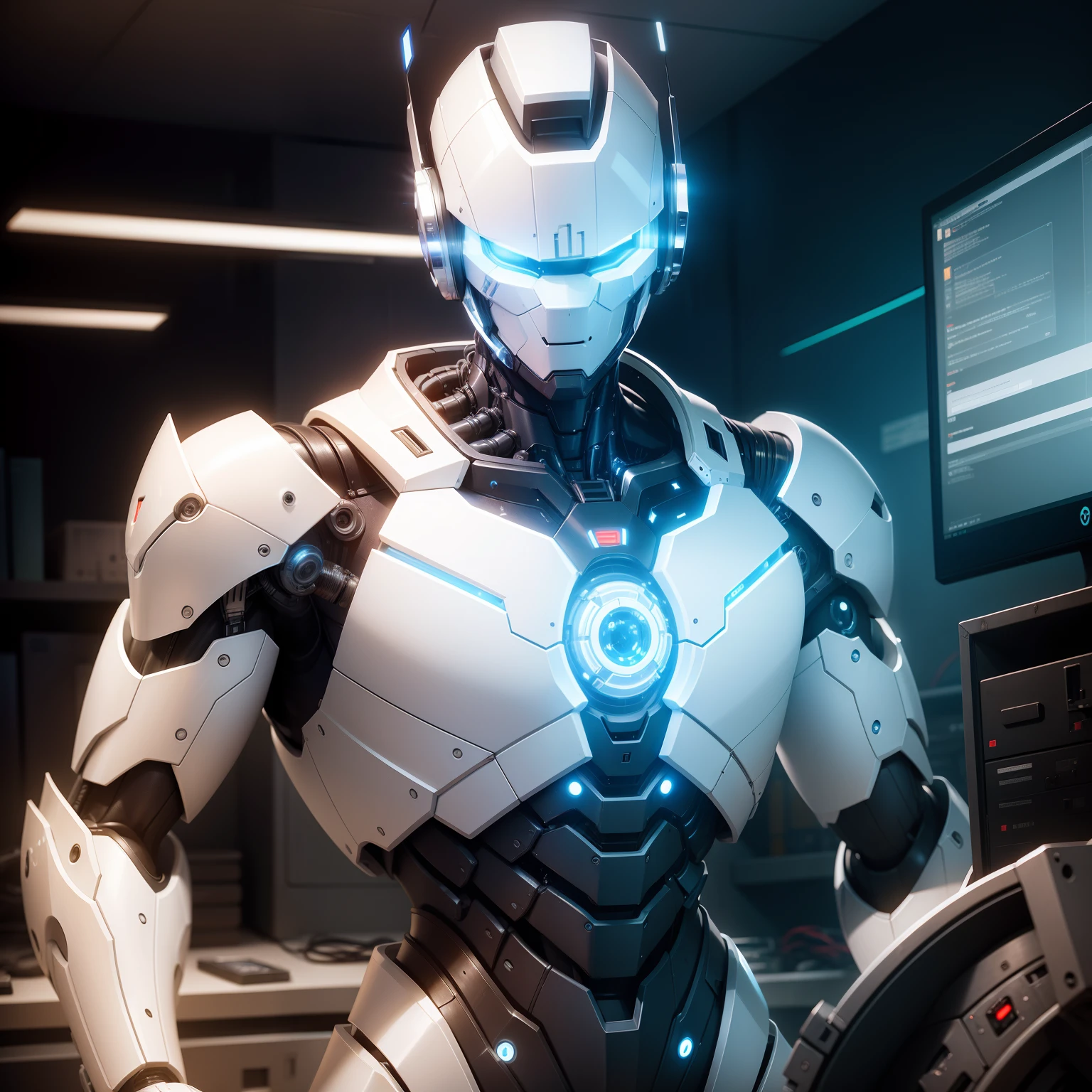 A beautiful white cybernetic robot man in the Cybernetics lab