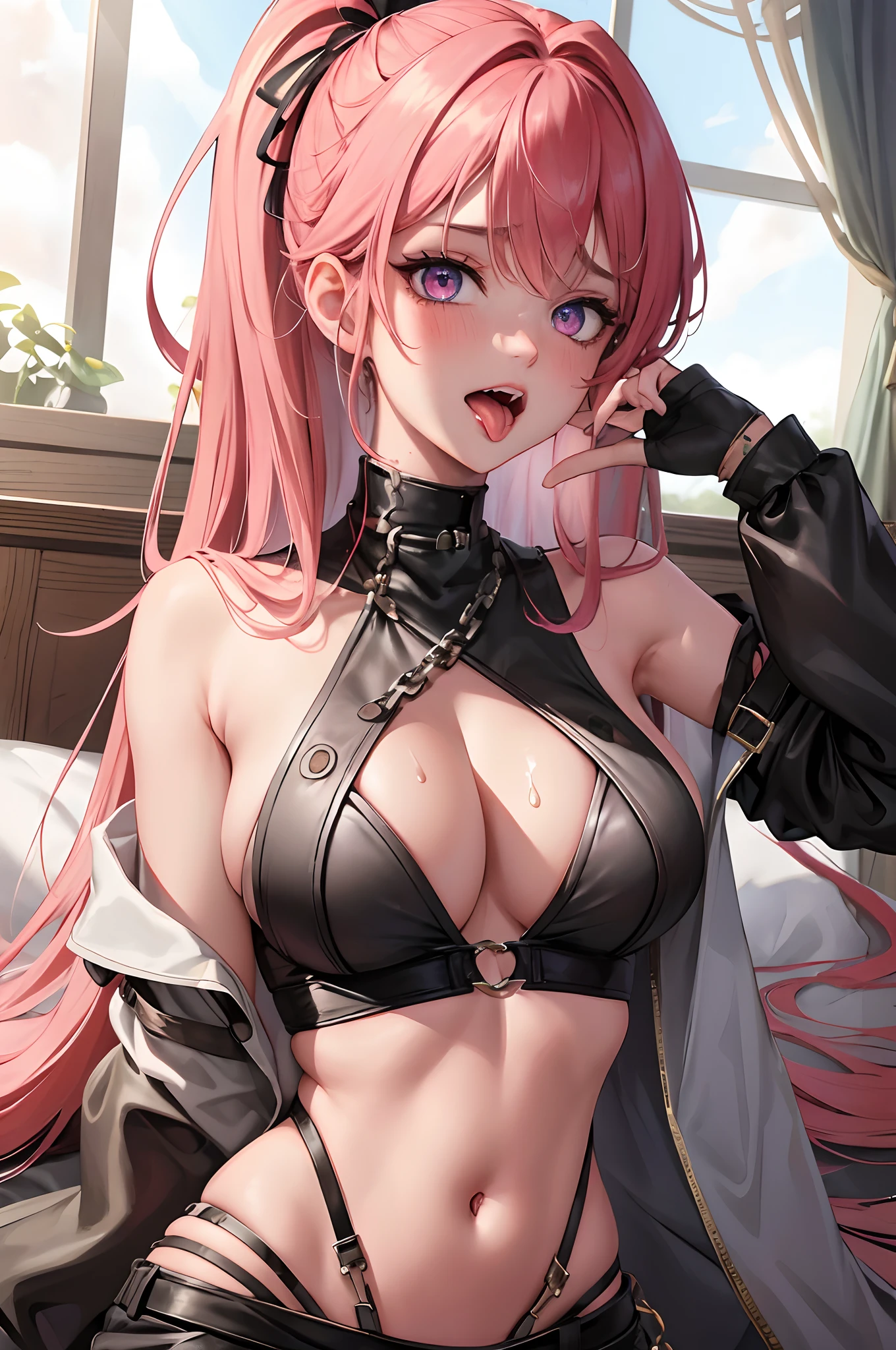 fantasy, 1 , cottage, human, big tits, navel, ,(masterpiece, best quality), sidelightning, ,beautiful detailed eyes, slave chain, slave collar, lying on bed, slave clothing, eyes rolling, tongue sticking out, with tongue, crazy, open mouth, screaming, ahegao, heavy breathing, blush, sweat, slave clothing, multicolored hair, long hair, pink eyes