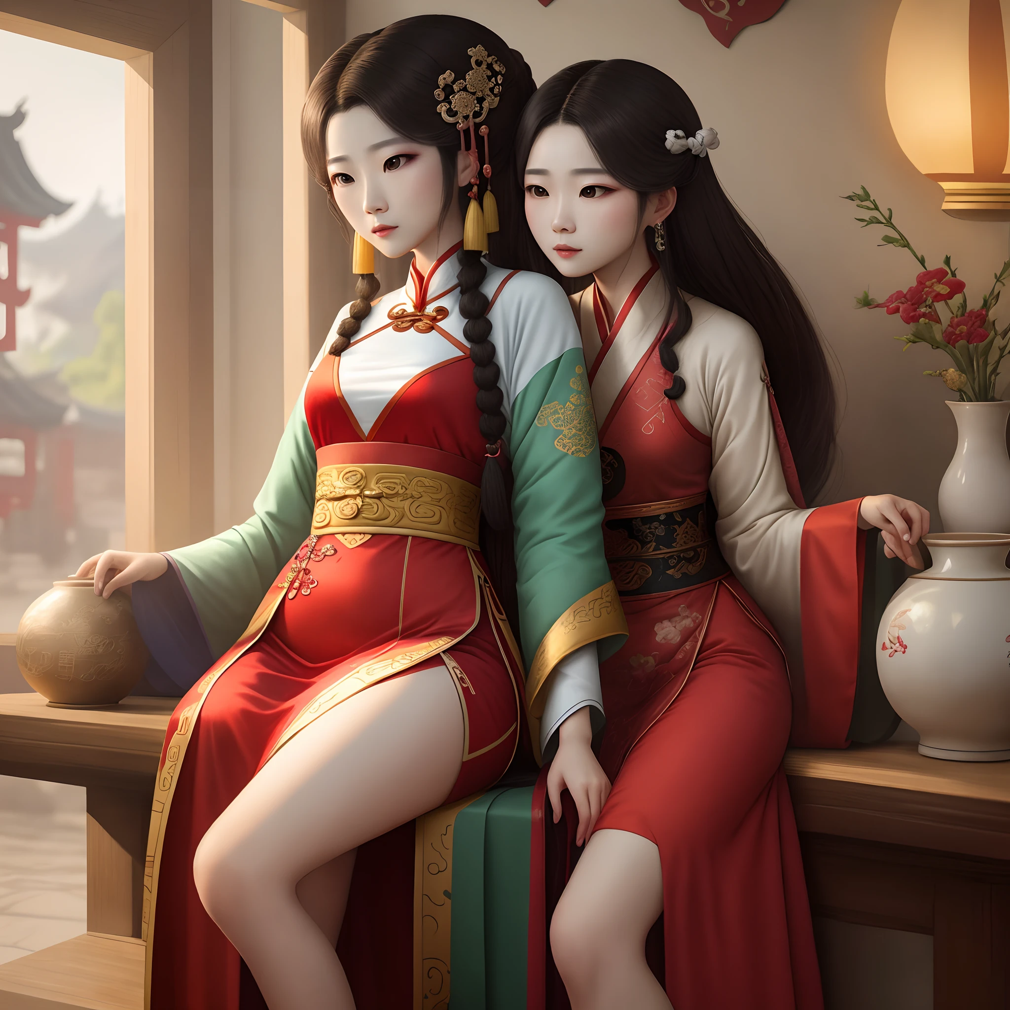 cabelos preto e longos，largeeyes，Red pupils，Red lips，tear-mole，Tamate，jade foot，Chinese style girl，Sister，Hanfu，Red wedding dress，big breasts enchanting，Hook the soul，ssmile，amaryllis，White moonlight，High-definition detailed drawings，tmasterpiece。 --auto